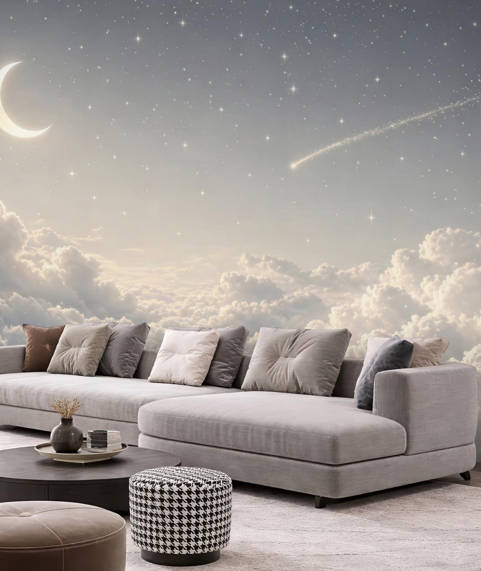 Fototapeta księżyc i spadająca gwiazda wśród chmur nocne niebo
