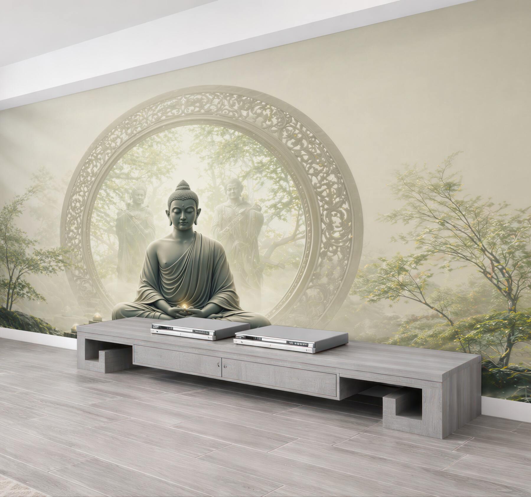 Fototapeta Budda w medytacji w mistycznym ogrodzie zen