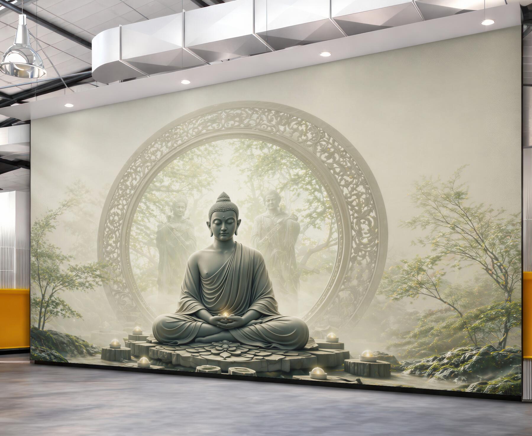 Fototapeta Budda w medytacji w mistycznym ogrodzie zen