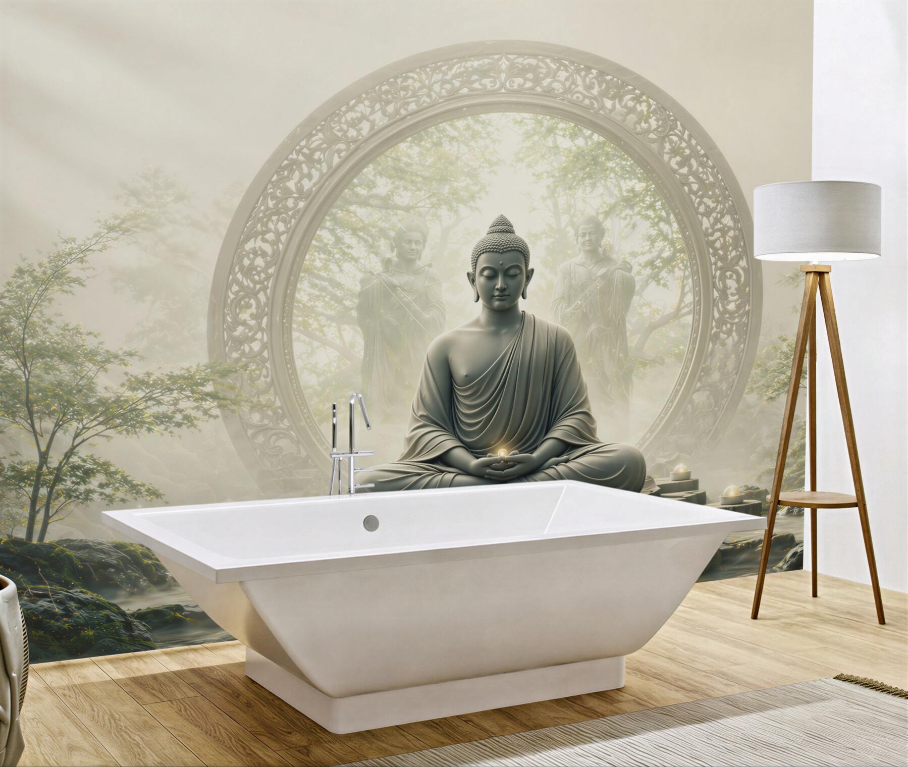 Fototapeta Budda w medytacji w mistycznym ogrodzie zen