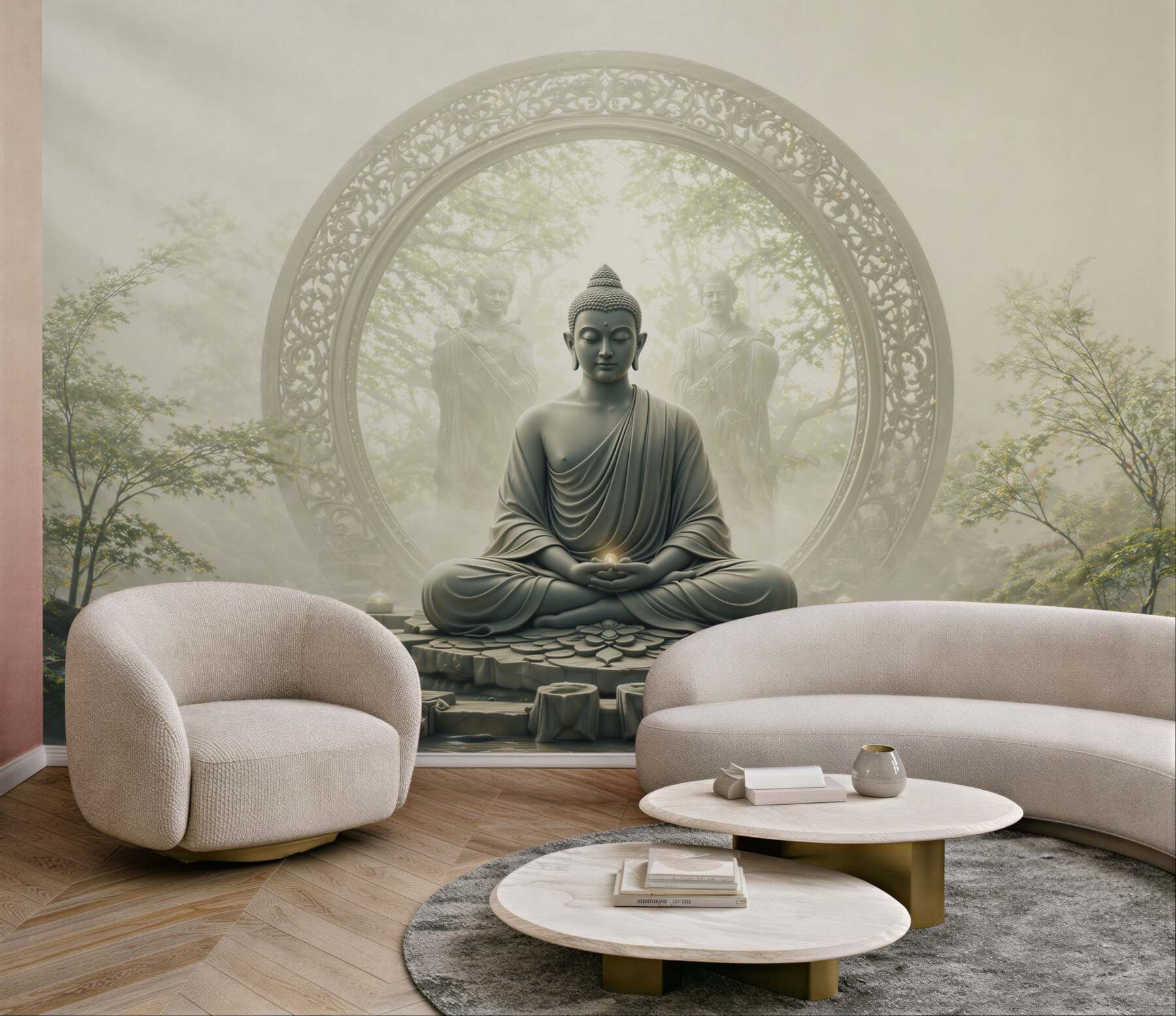 Fototapeta Budda w medytacji w mistycznym ogrodzie zen
