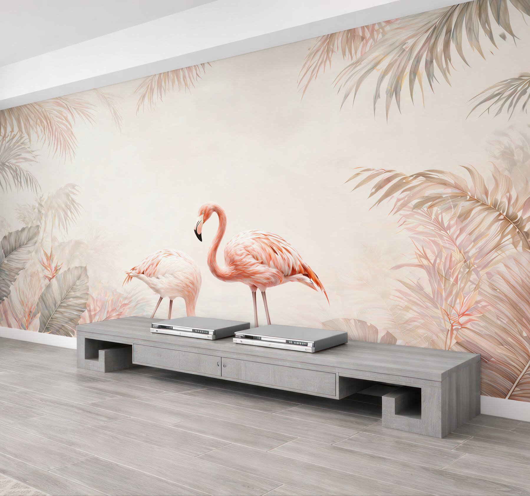 Fototapeta różowe flamingi w pastelowej dżungli subtelna i elegancka
