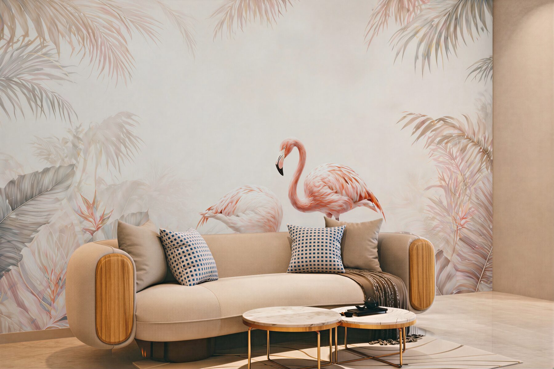 Fototapeta różowe flamingi w pastelowej dżungli subtelna i elegancka