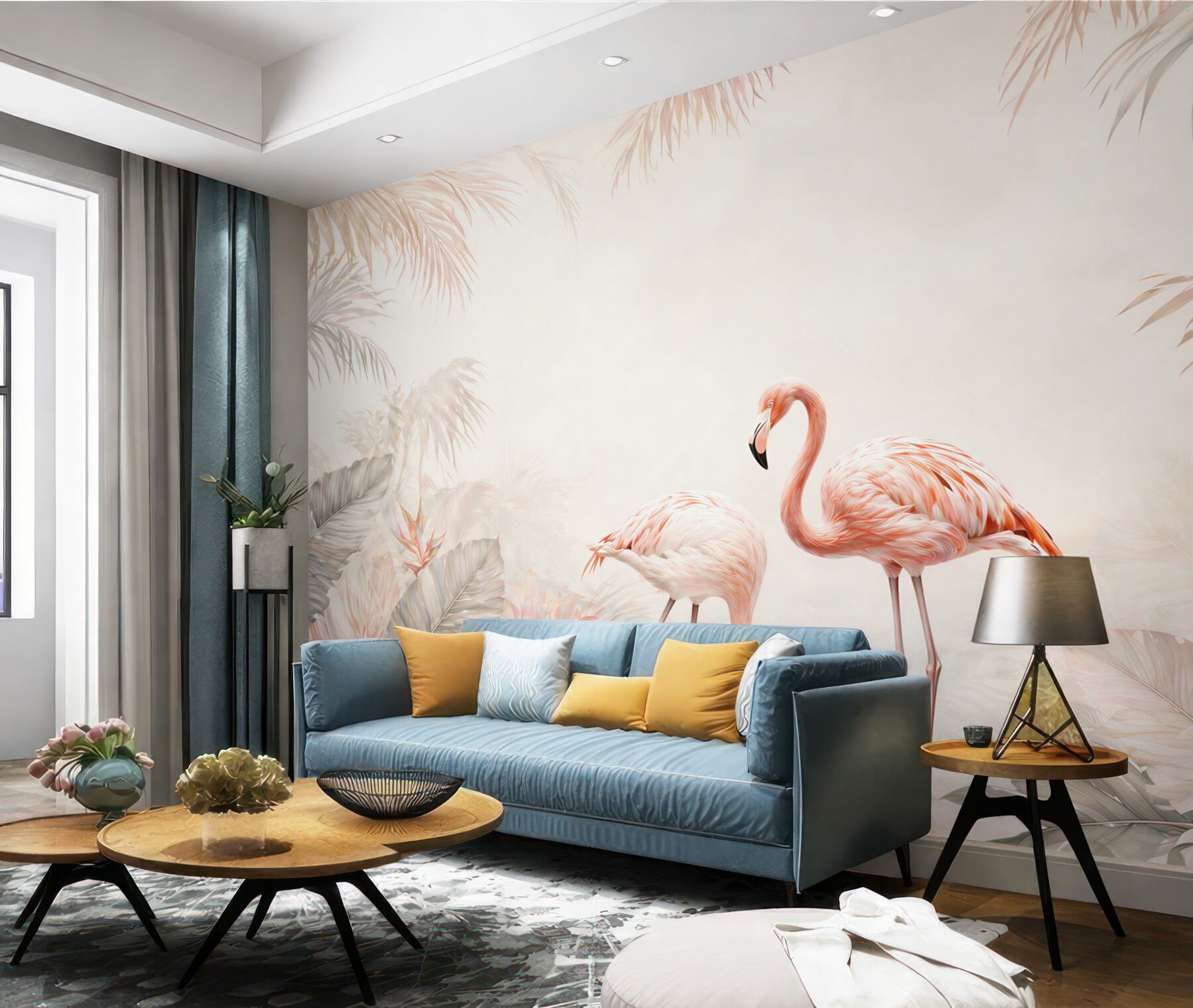 Fototapeta różowe flamingi w pastelowej dżungli subtelna i elegancka