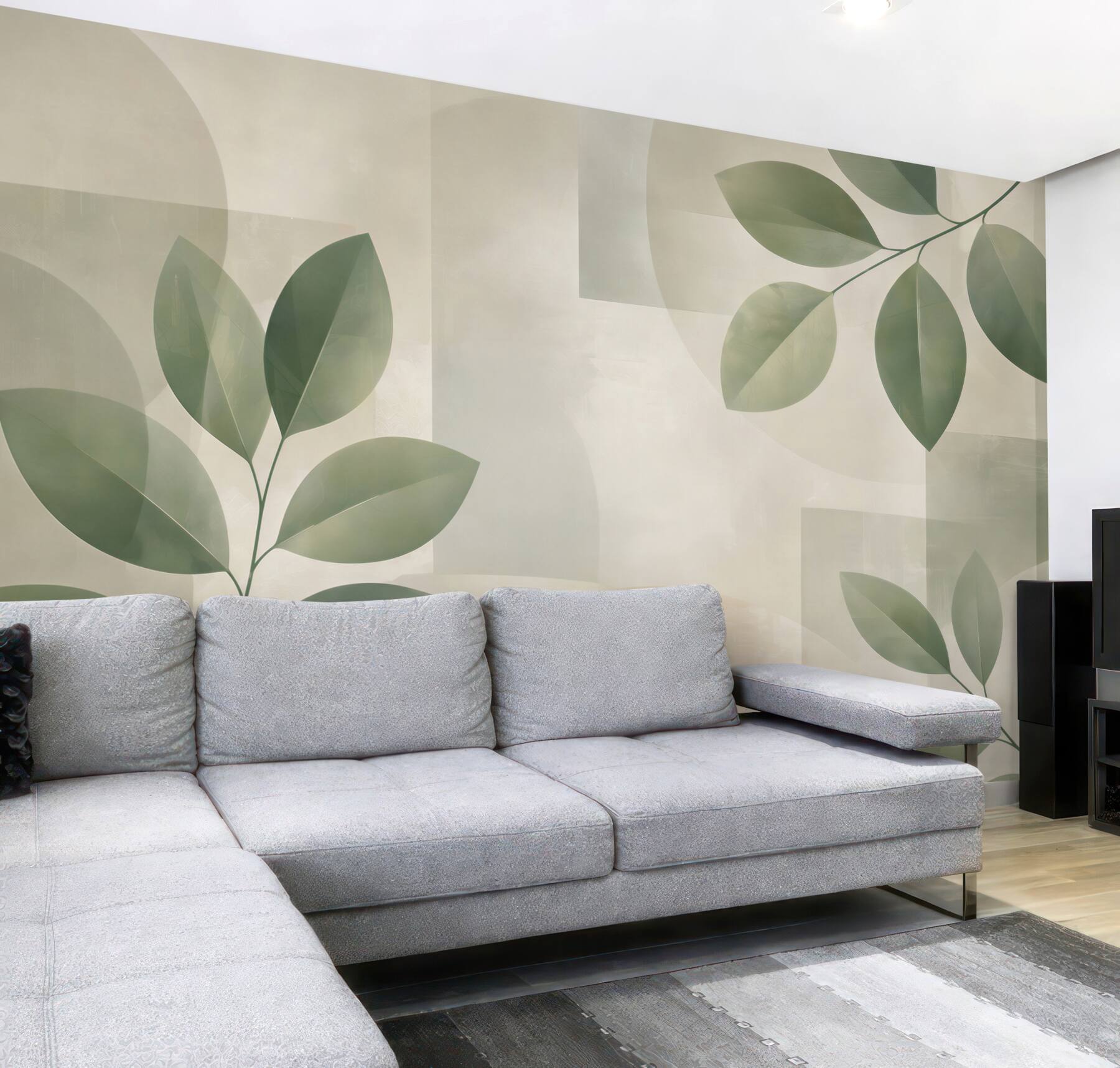 Fototapeta zielone liście geometryczne beżowa nowoczesna do salonu