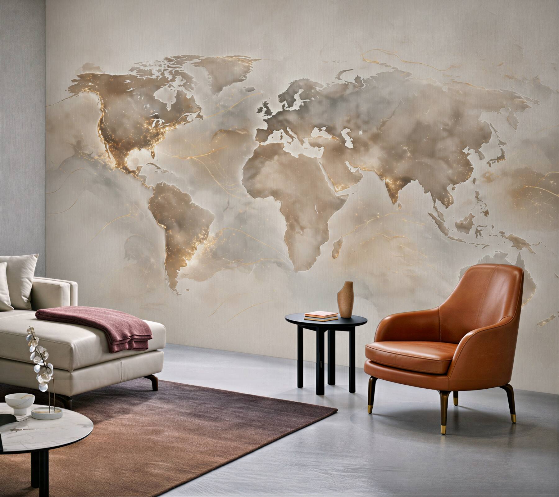 Fototapeta mapa świata beżowo złota elegancka do biura i salonu