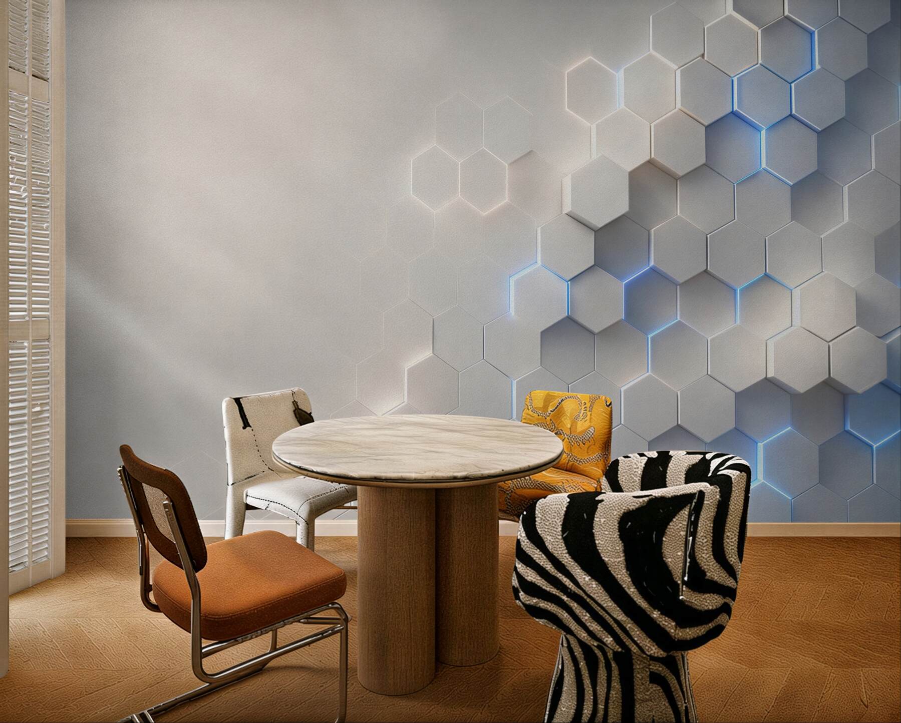 Fototapeta geometryczne heksagony 3D białe z niebieskim światłem nowoczesne