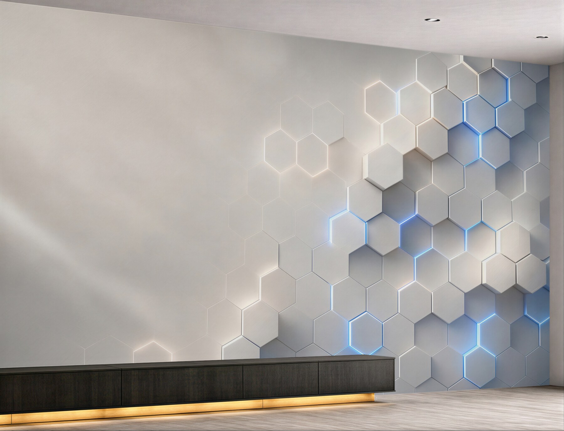 Fototapeta geometryczne heksagony 3D białe z niebieskim światłem nowoczesne