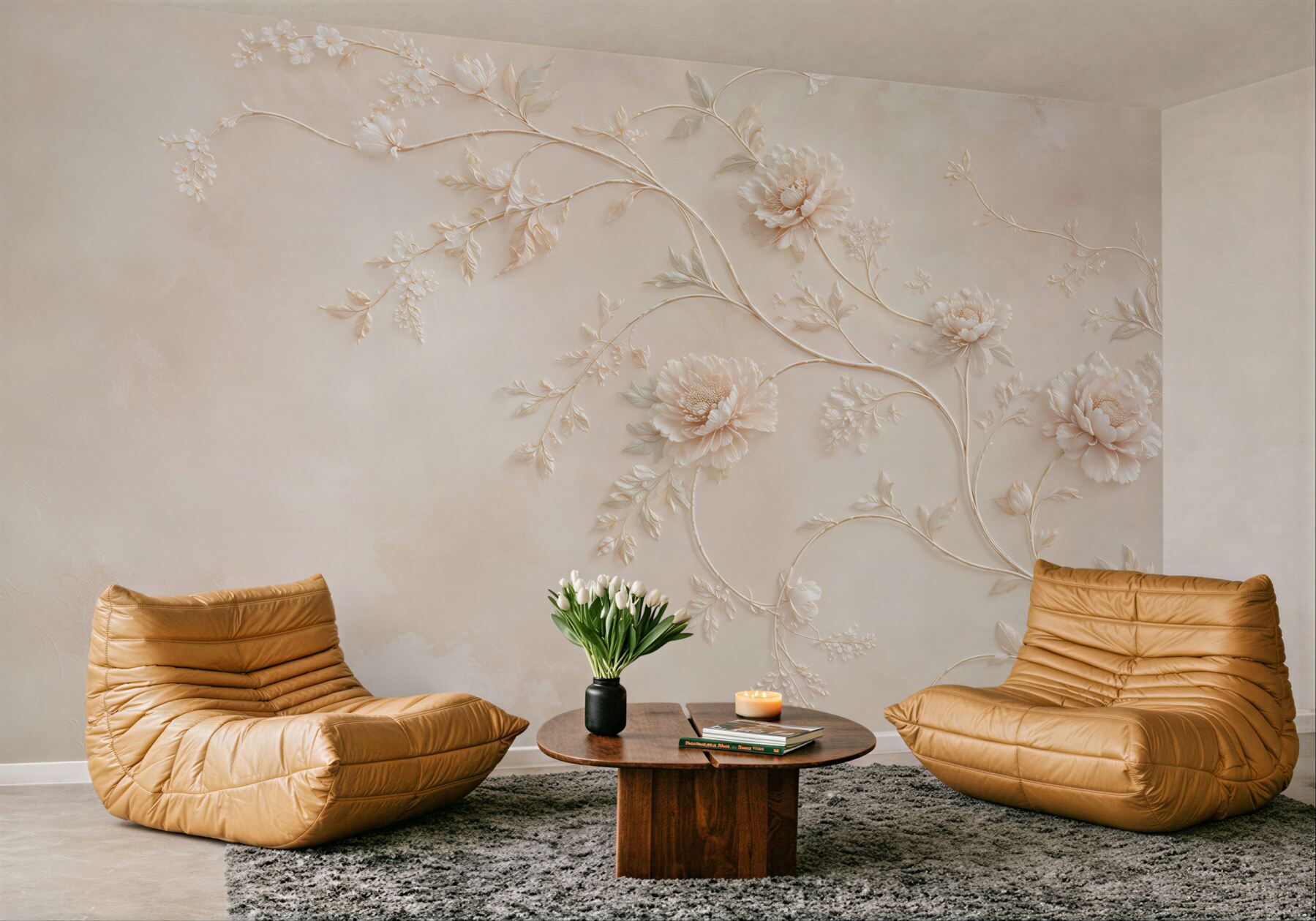 Fototapeta beżowe kwiaty 3D na delikatnych gałązkach elegancka