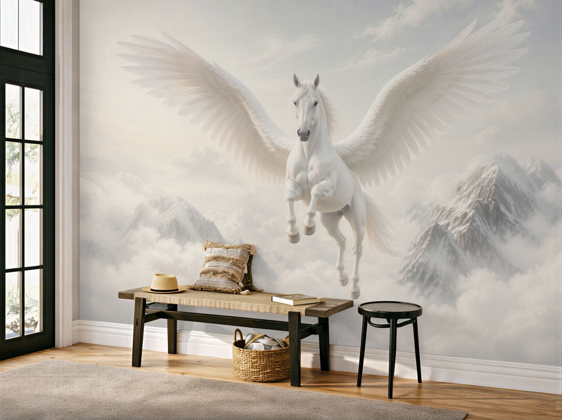 Fototapeta biały pegaz w chmurach nad górami fantasy