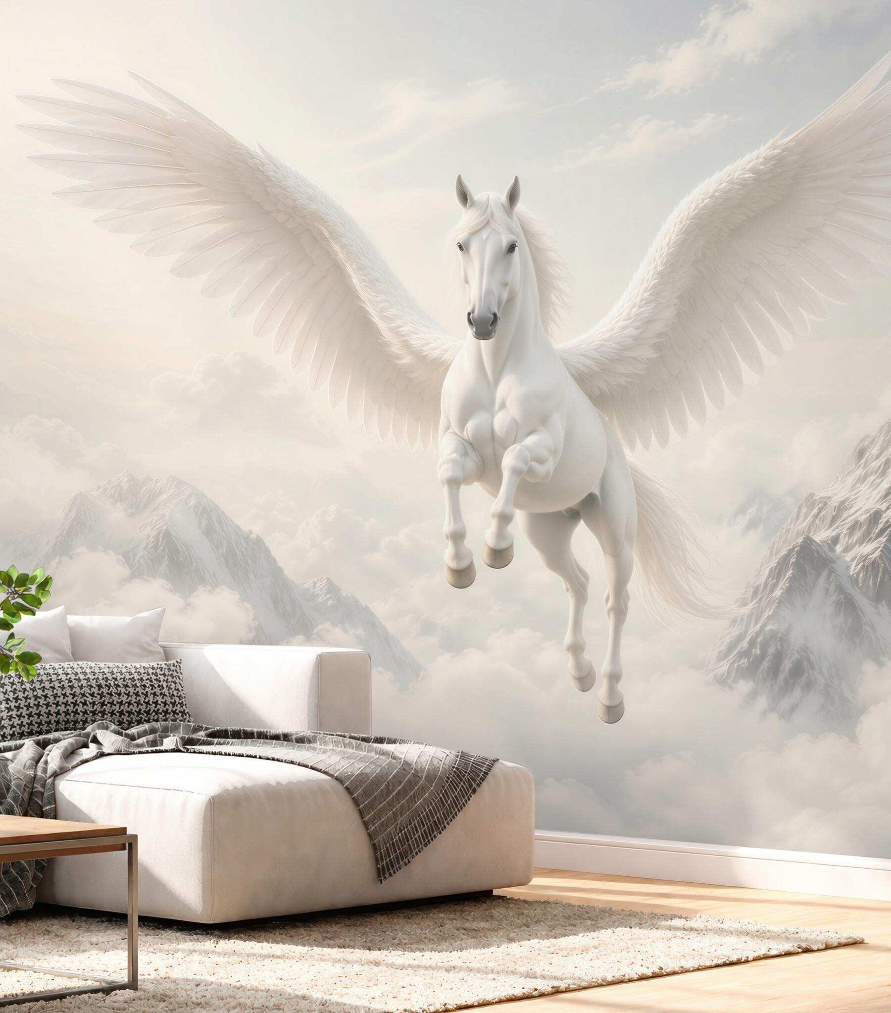 Fototapeta biały pegaz w chmurach nad górami fantasy