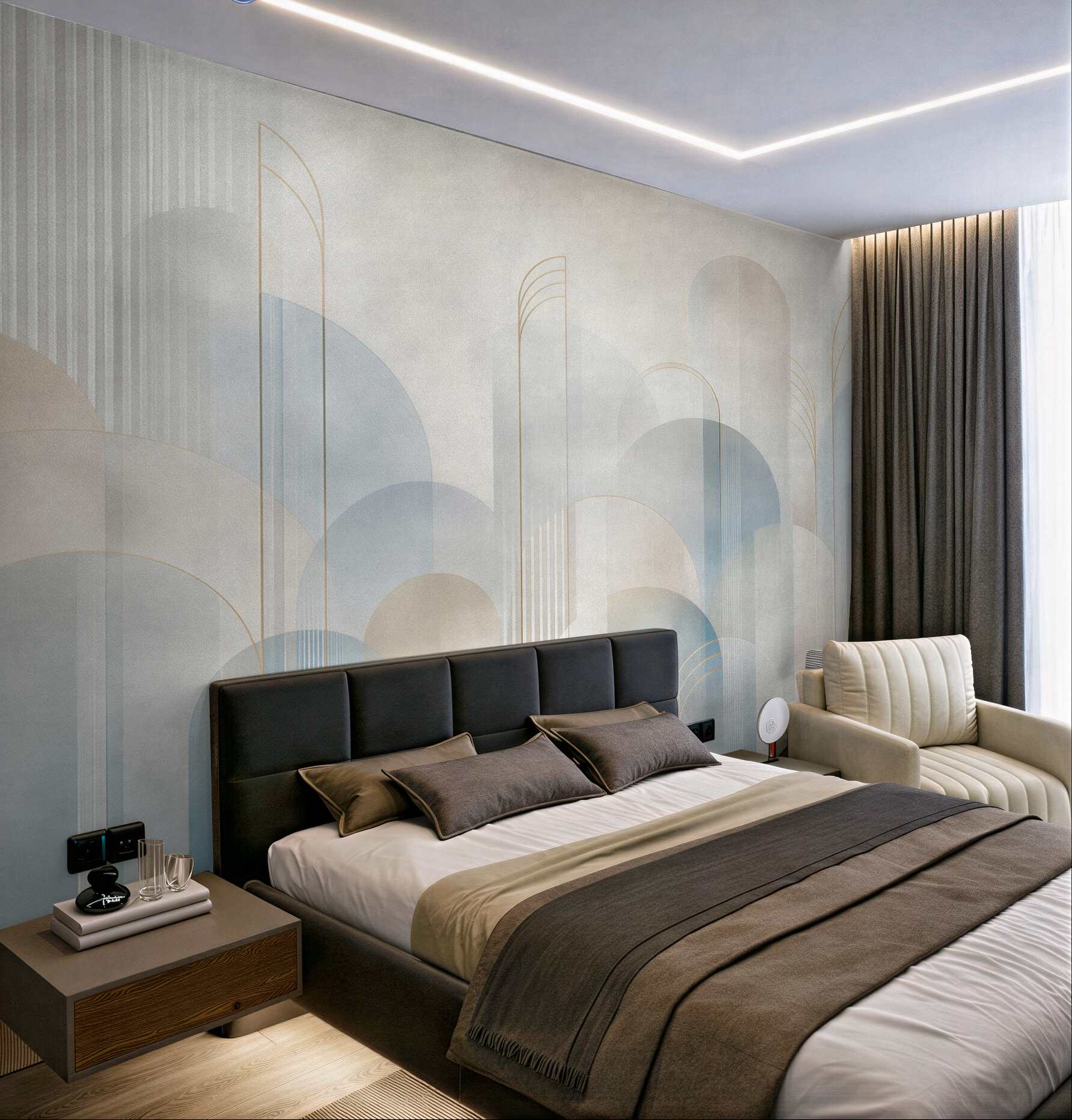 Fototapeta geometryczne łuki błękitno beżowe w stylu art déco