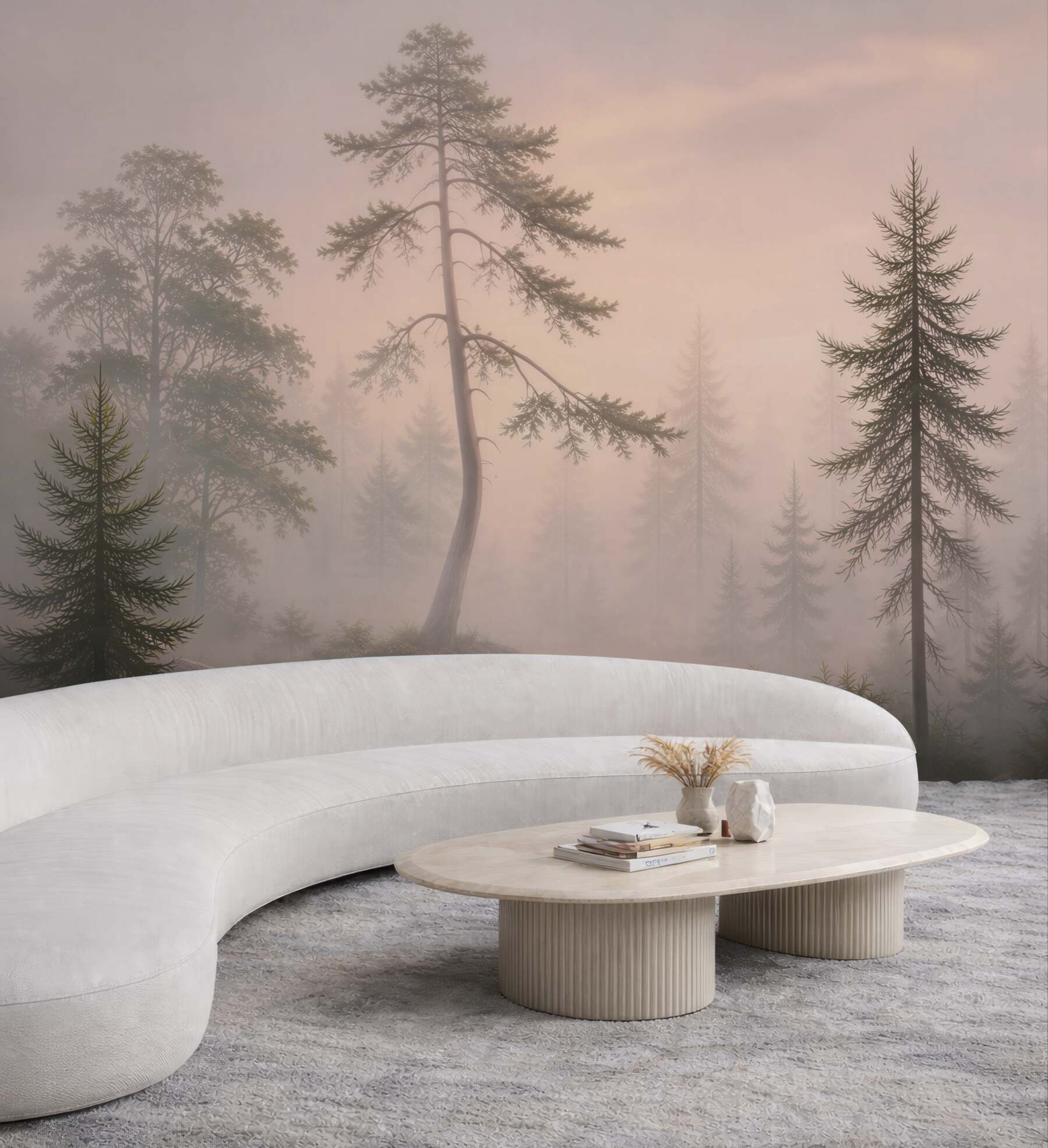 Fototapeta sosnowy las we mgle o świcie pastelowy krajobraz