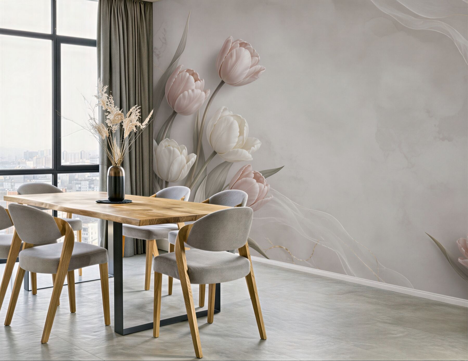 Fototapeta tulipany pudrowy róż i biel na beżowym tle elegancka