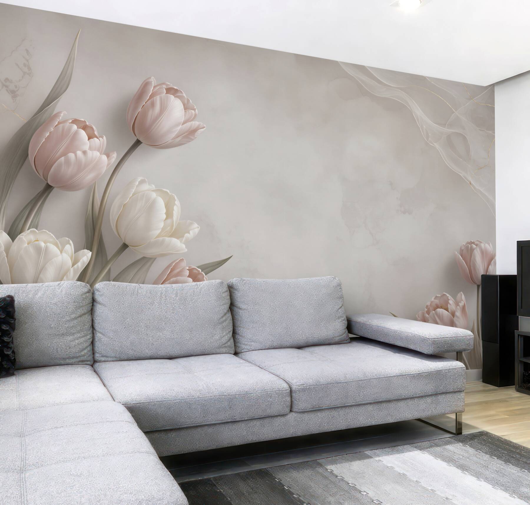 Fototapeta tulipany pudrowy róż i biel na beżowym tle elegancka