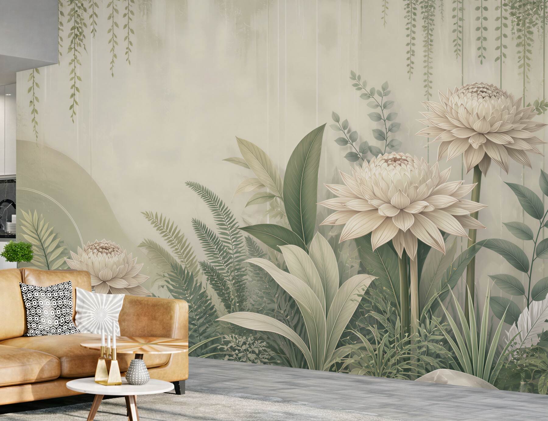 Fototapeta kremowe kwiaty i zielone liście w botanicznym stylu
