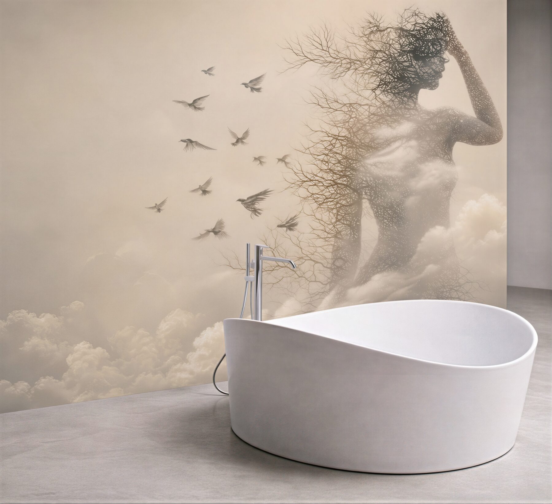 Fototapeta kobieca sylwetka z gałęzi i ptaków w chmurach surrealistyczna beżowa