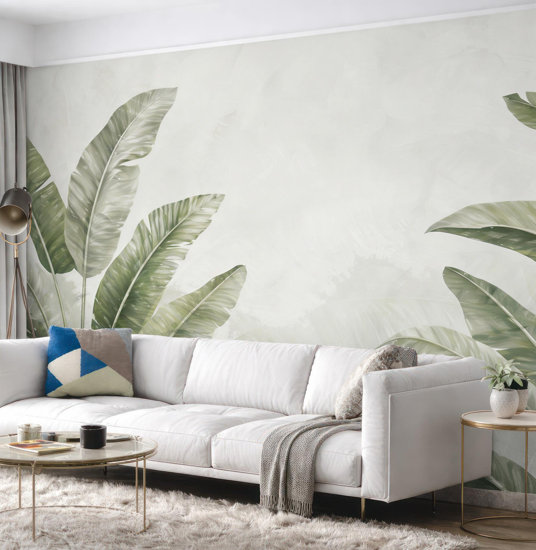 Fototapeta liście bananowca zielone na jasnym tle w stylu tropical soft
