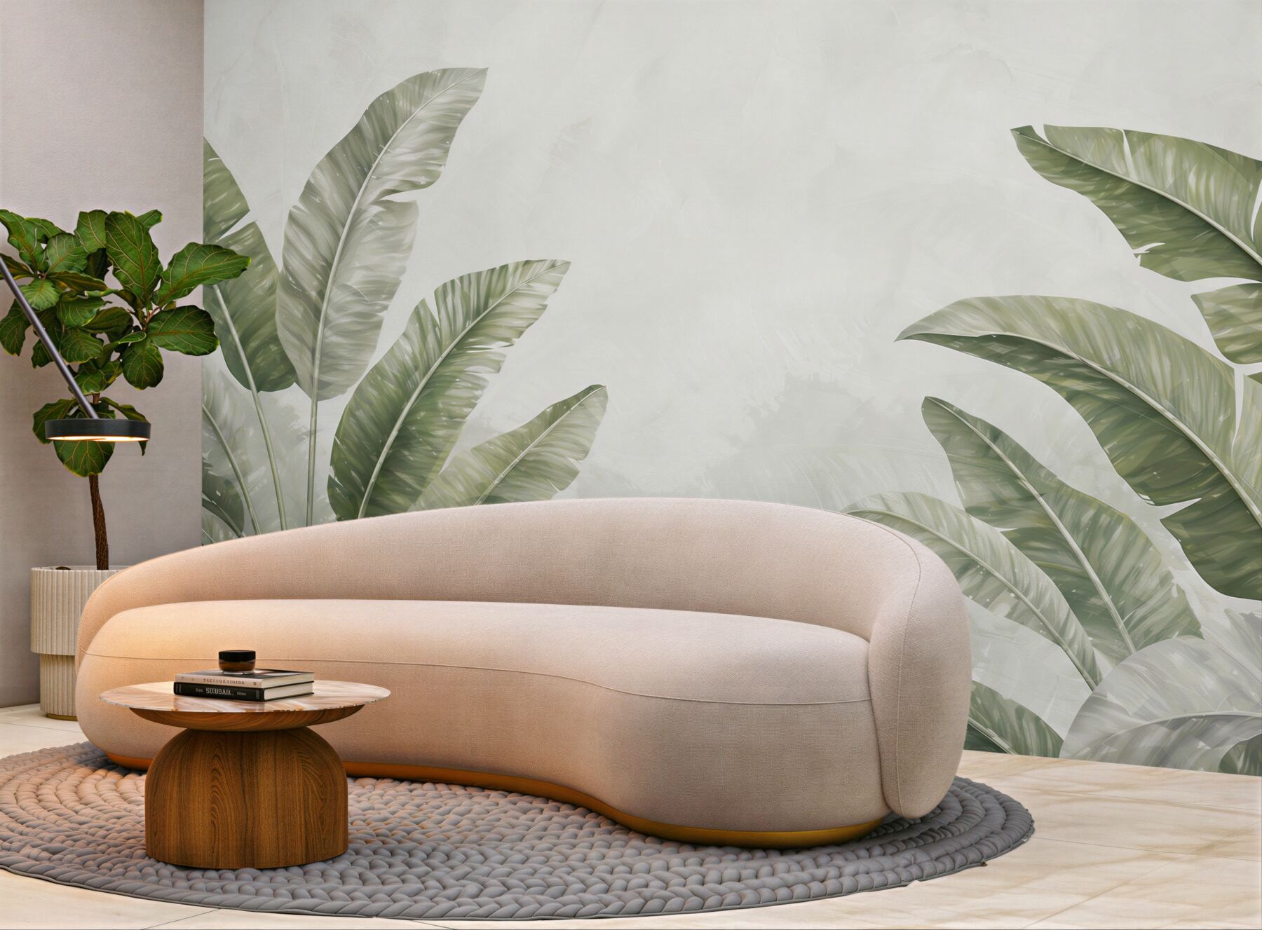 Fototapeta liście bananowca zielone na jasnym tle w stylu tropical soft