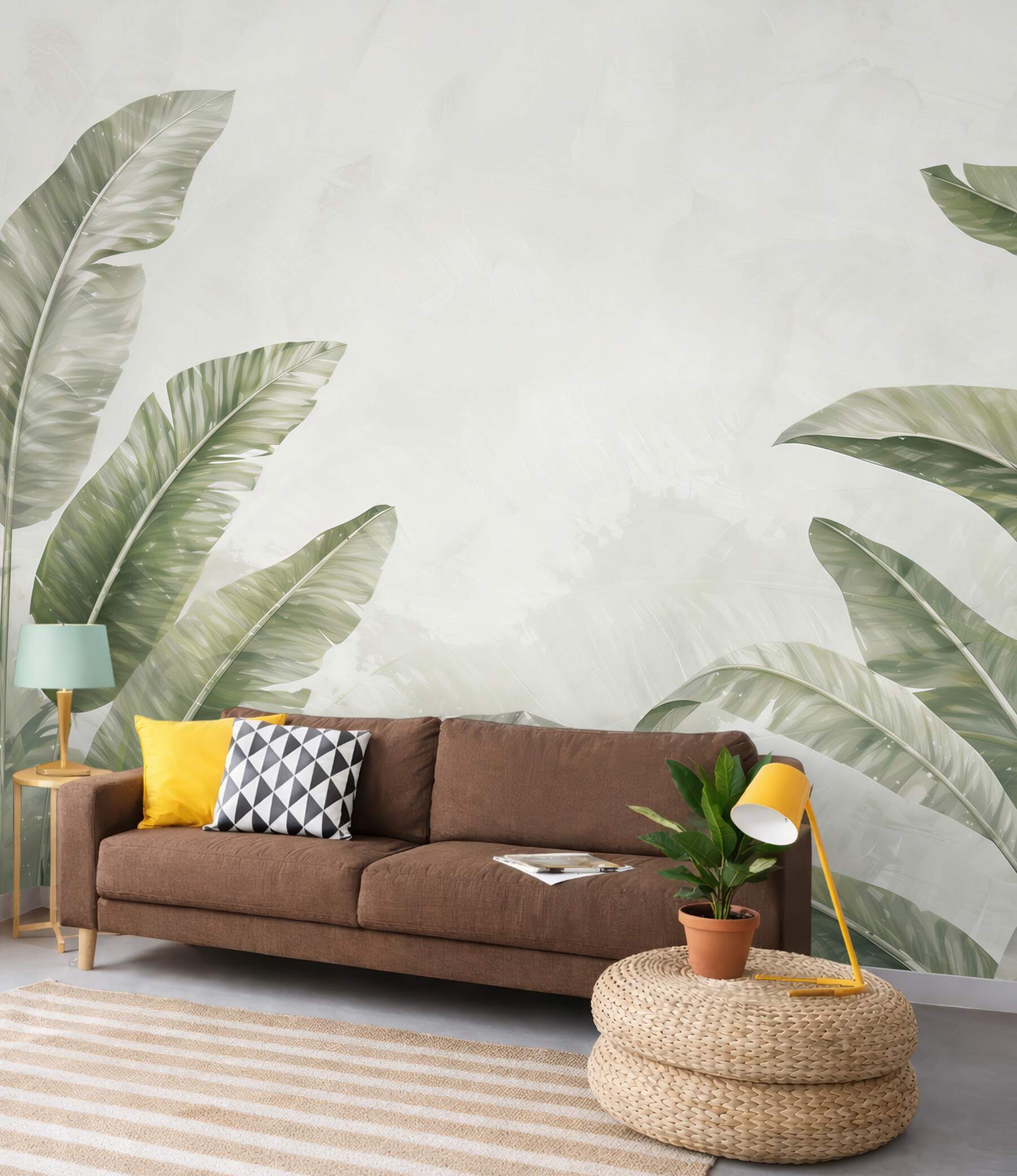 Fototapeta liście bananowca zielone na jasnym tle w stylu tropical soft