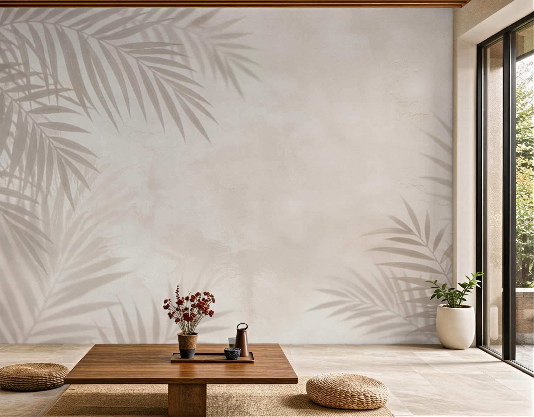 Fototapeta cienie liści palmowych beżowe na jasnym tle