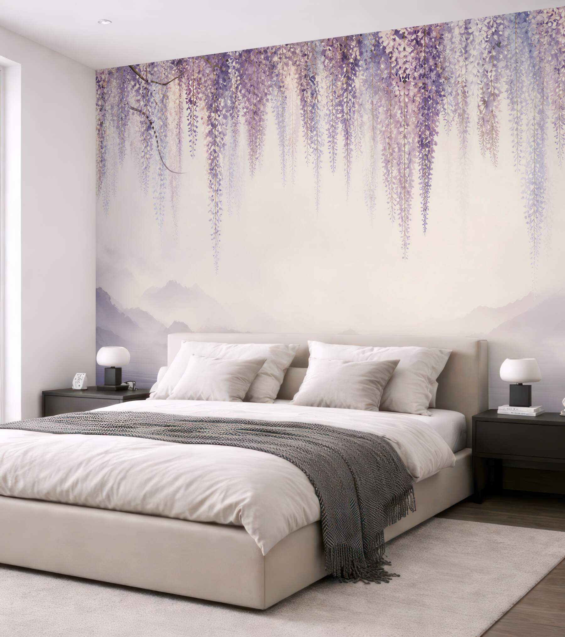 Fototapeta glicynia lawendowa nad jeziorem we mglistej scenerii
