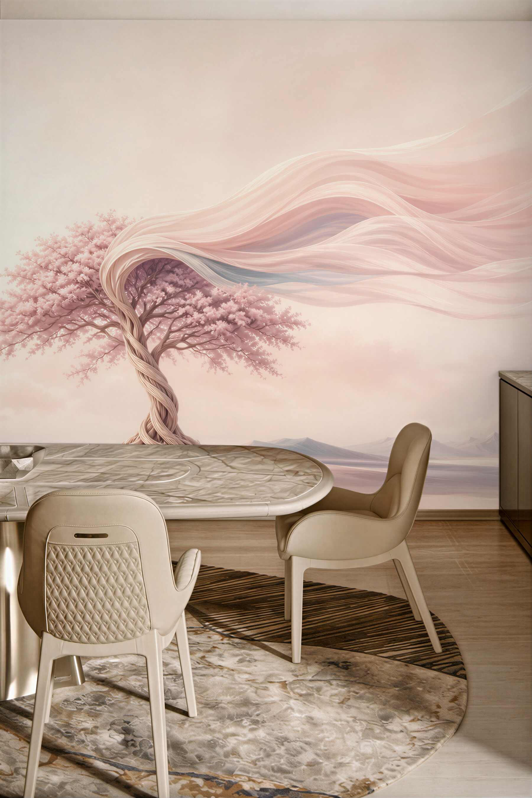 Fototapeta różowe drzewo fantasy na pastelowym krajobrazie