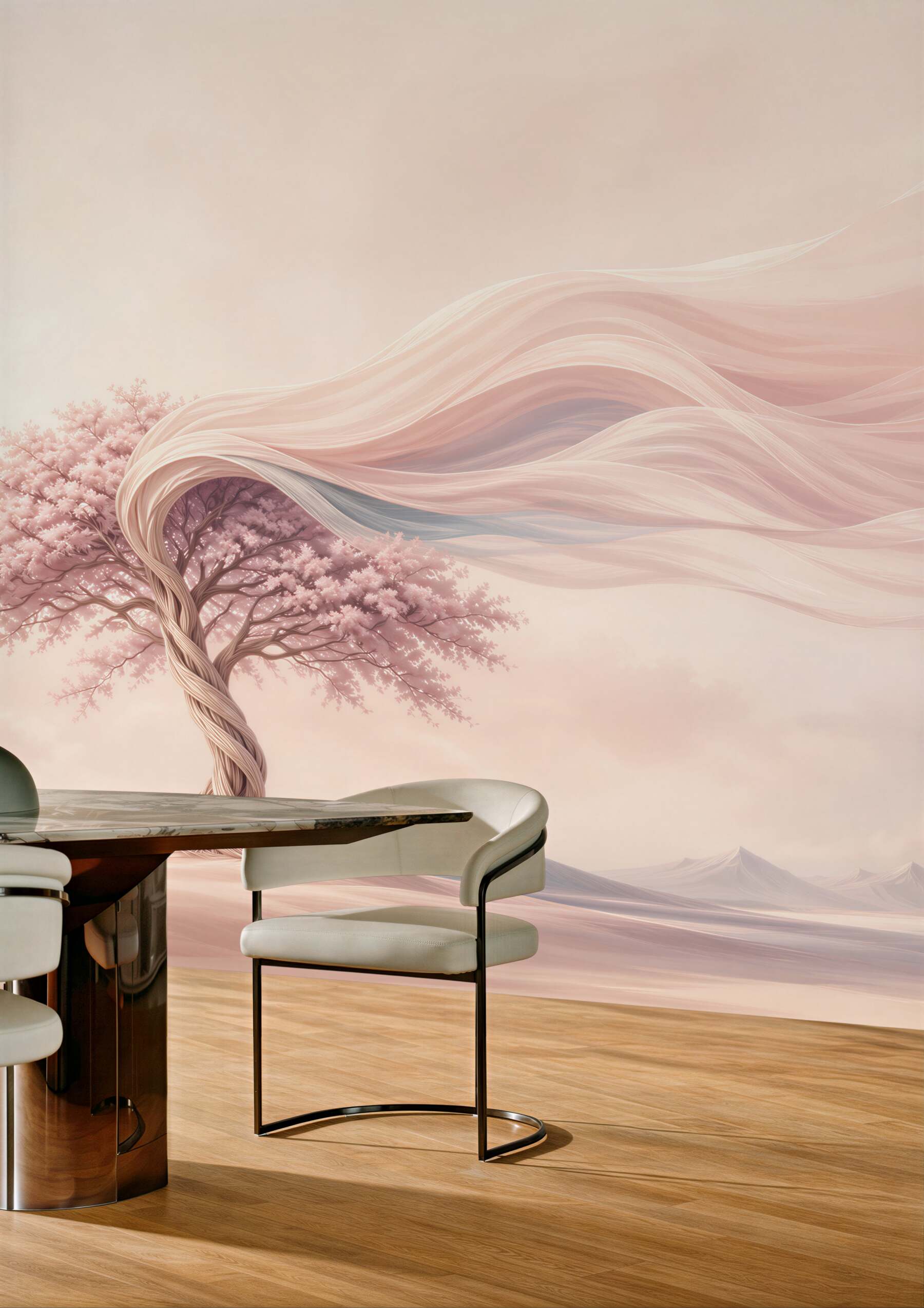 Fototapeta różowe drzewo fantasy na pastelowym krajobrazie