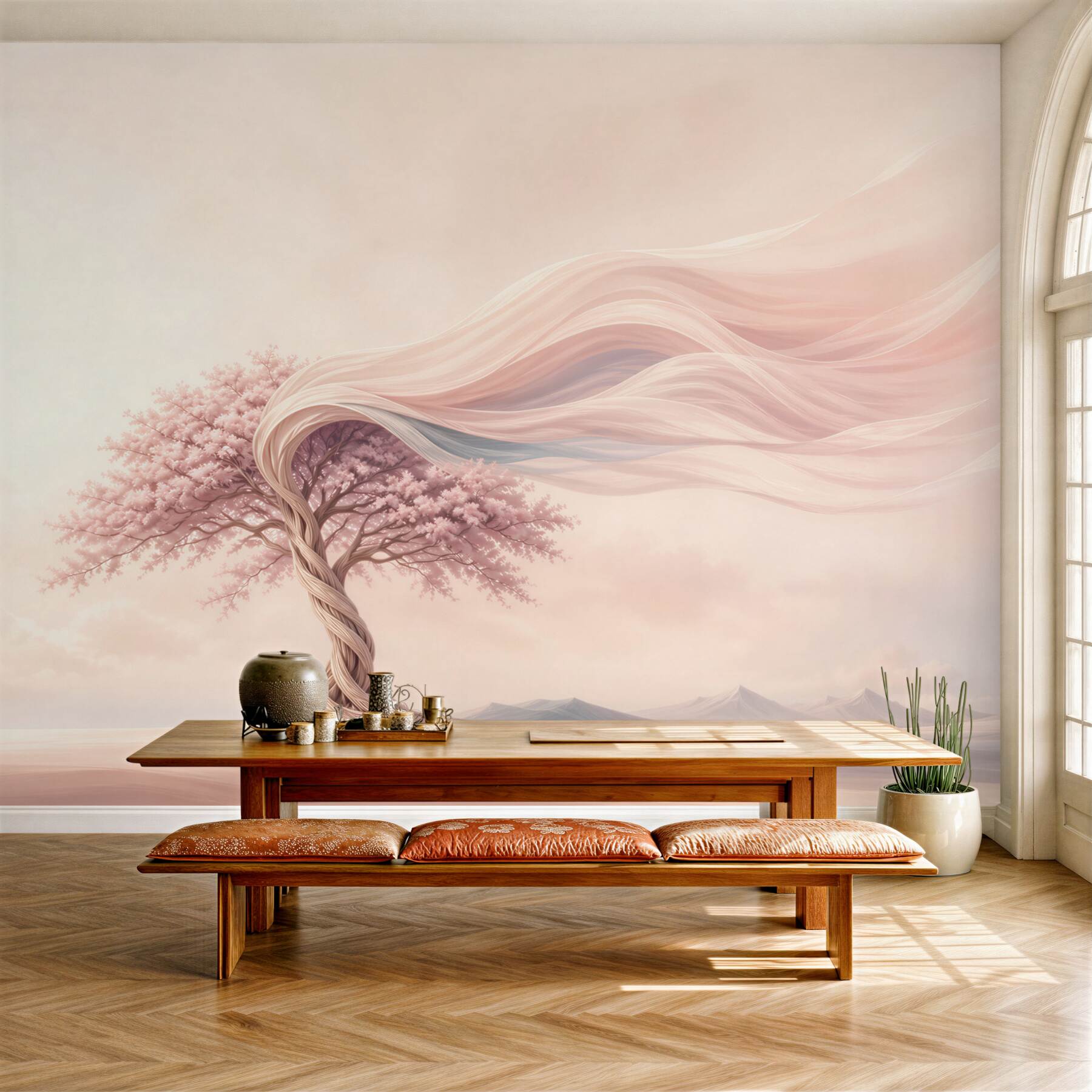 Fototapeta różowe drzewo fantasy na pastelowym krajobrazie