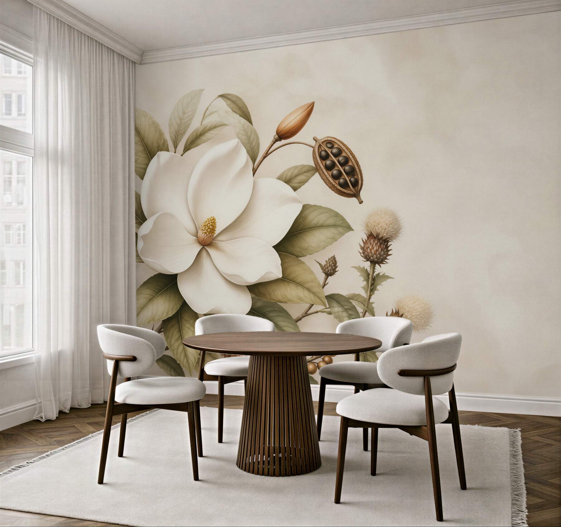 Fototapeta magnolia kremowa z liśćmi w stylu botanicznym