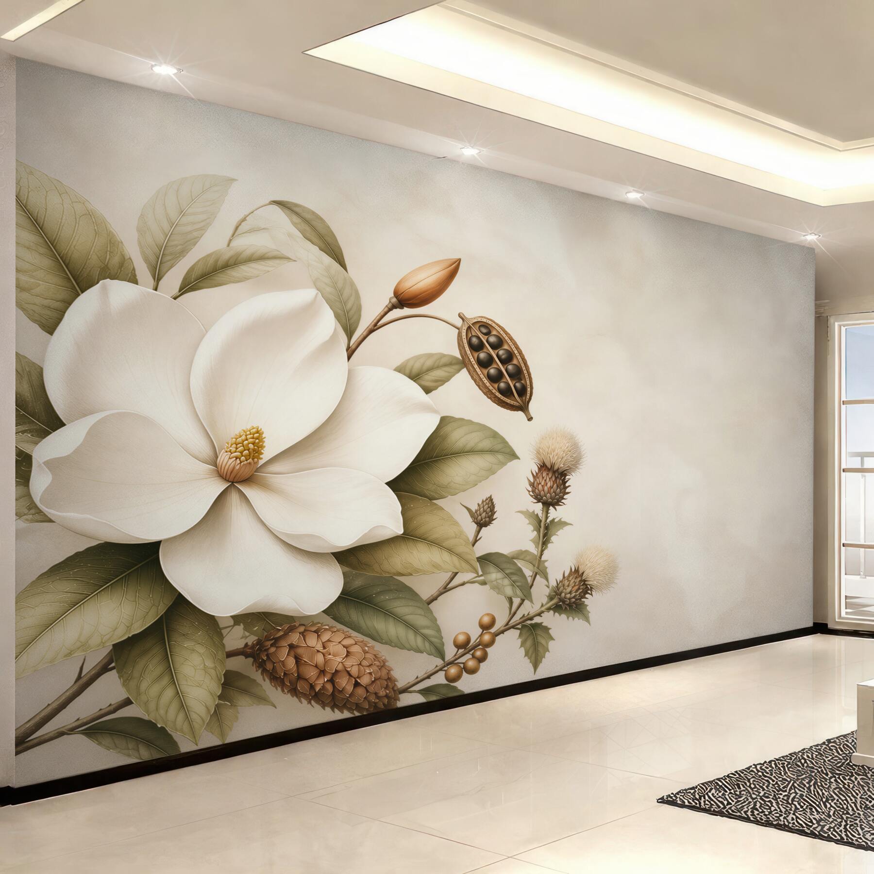 Fototapeta magnolia kremowa z liśćmi w stylu botanicznym