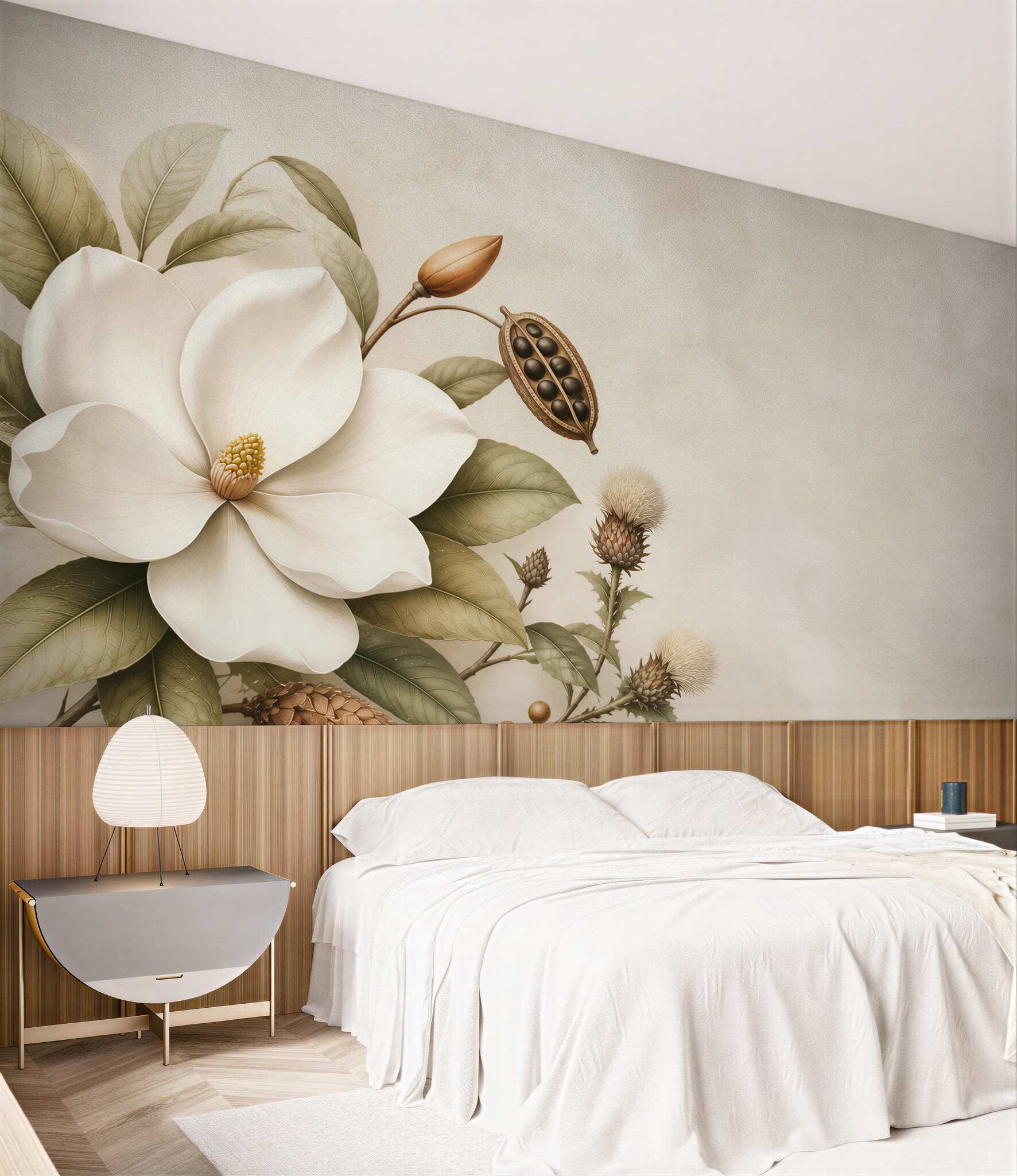 Fototapeta magnolia kremowa z liśćmi w stylu botanicznym