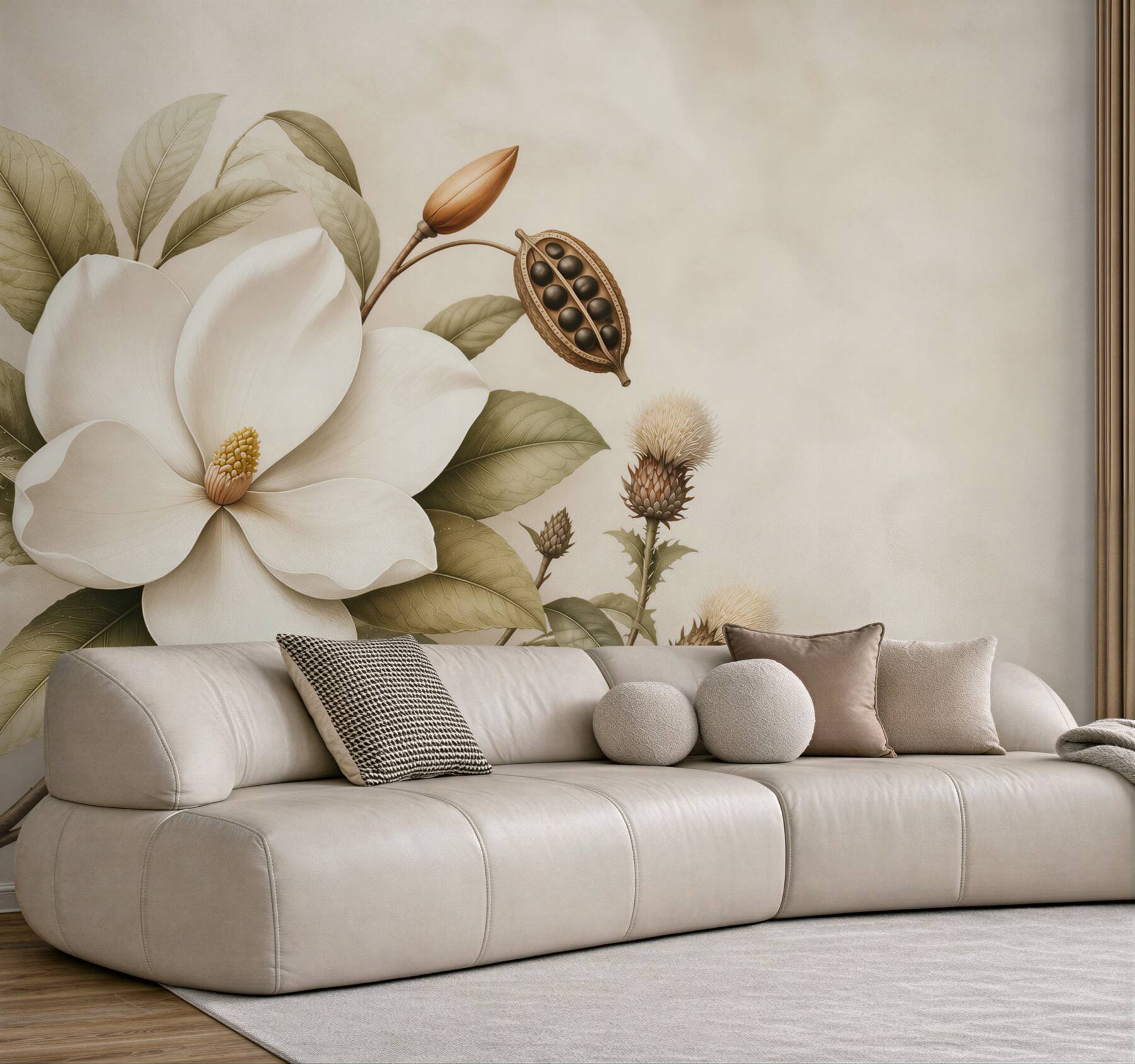 Fototapeta magnolia kremowa z liśćmi w stylu botanicznym