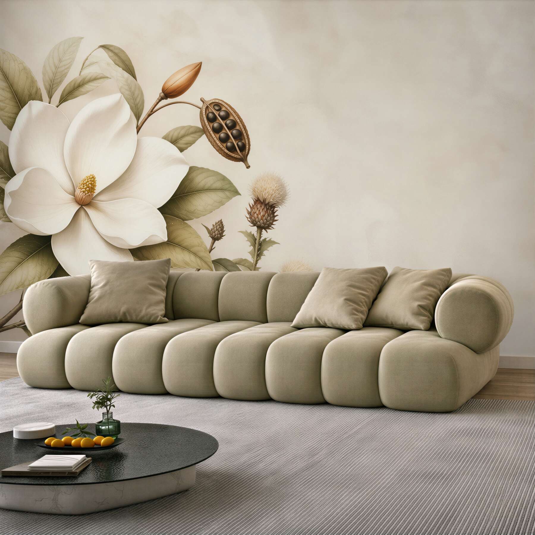 Fototapeta magnolia kremowa z liśćmi w stylu botanicznym