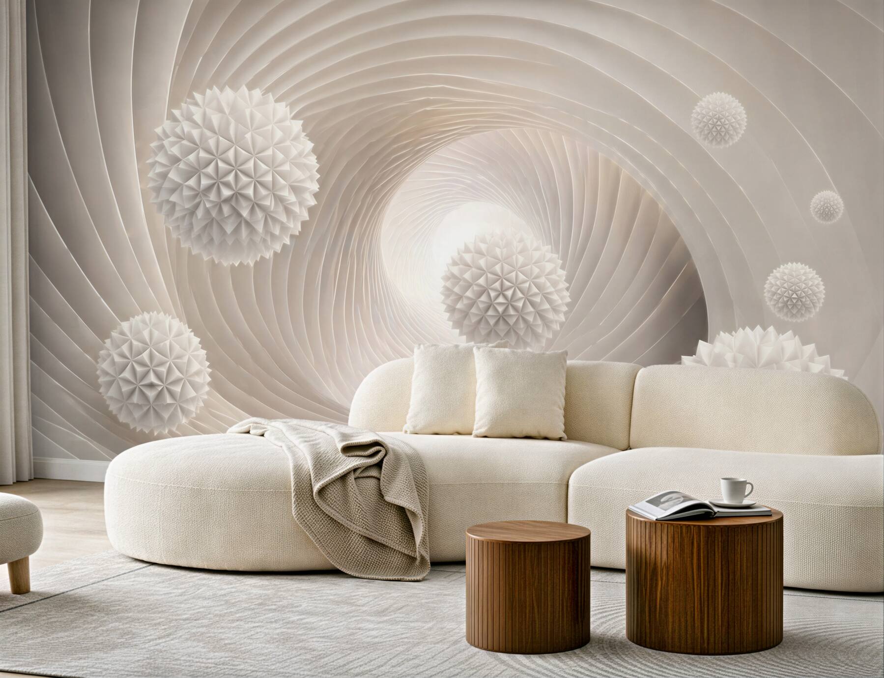 Fototapeta abstrakcyjne białe kule 3D w spiralnym tunelu nowoczesna