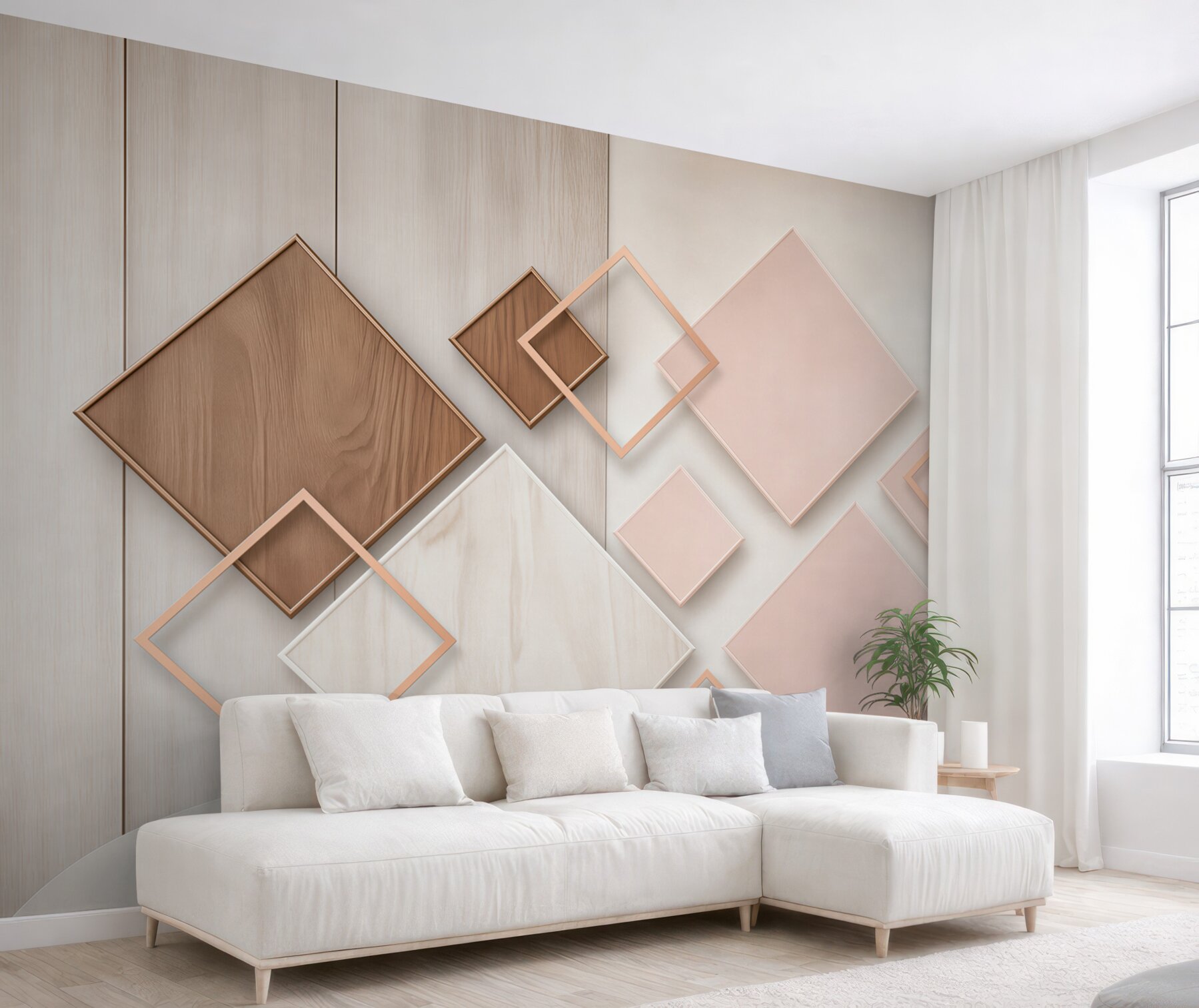 Fototapeta geometryczne kwadraty drewno i pudrowy róż nowoczesna