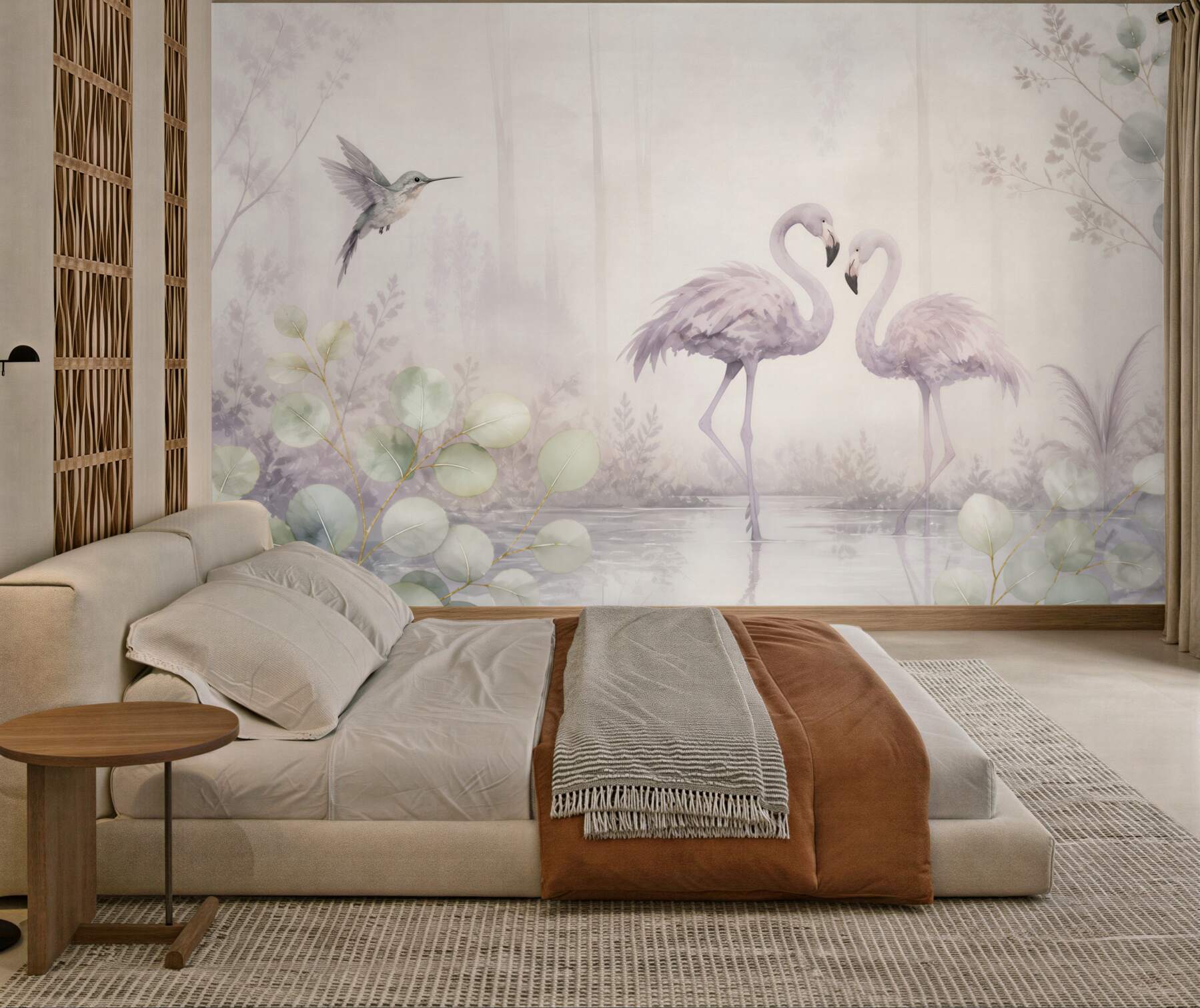 Fototapeta flamingi i koliber pastelowe w leśnej scenerii