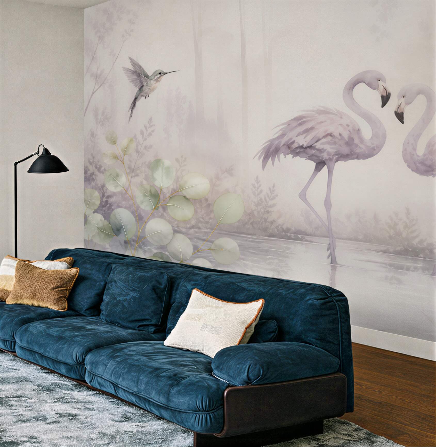 Fototapeta flamingi i koliber pastelowe w leśnej scenerii