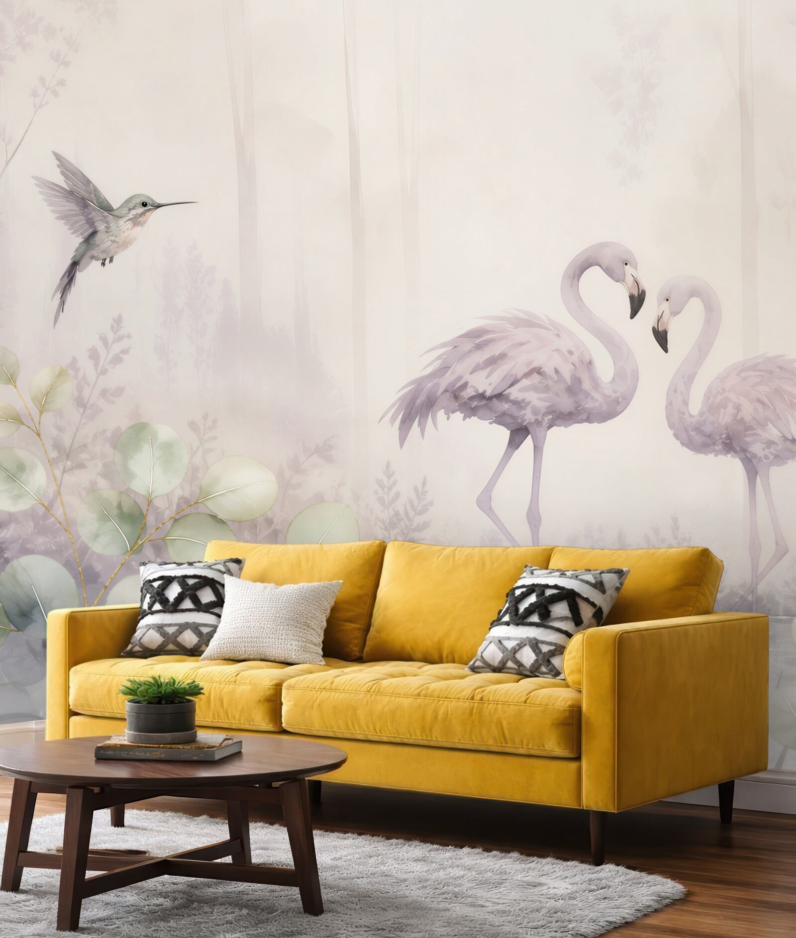 Fototapeta flamingi i koliber pastelowe w leśnej scenerii