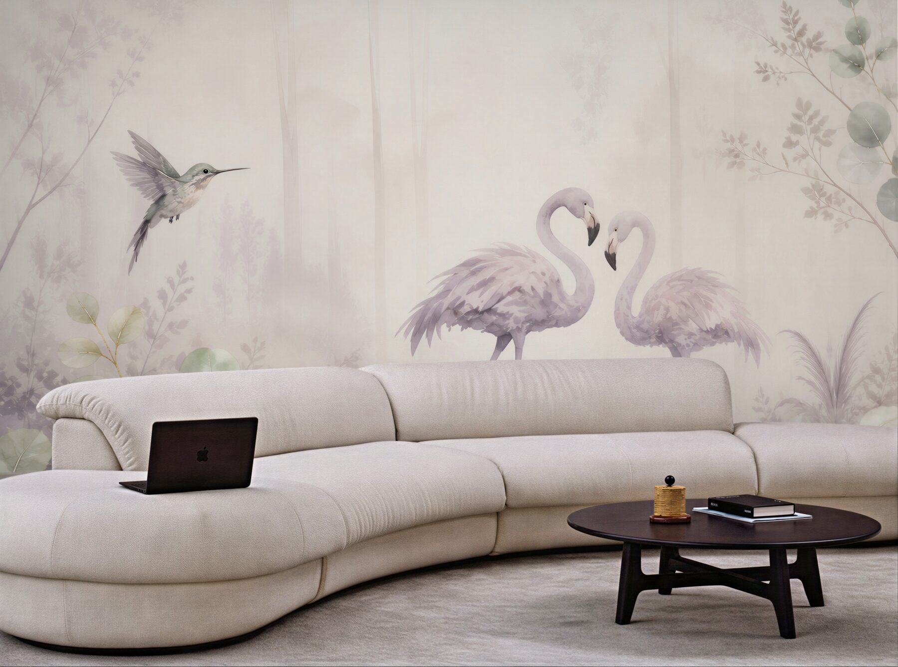 Fototapeta flamingi i koliber pastelowe w leśnej scenerii