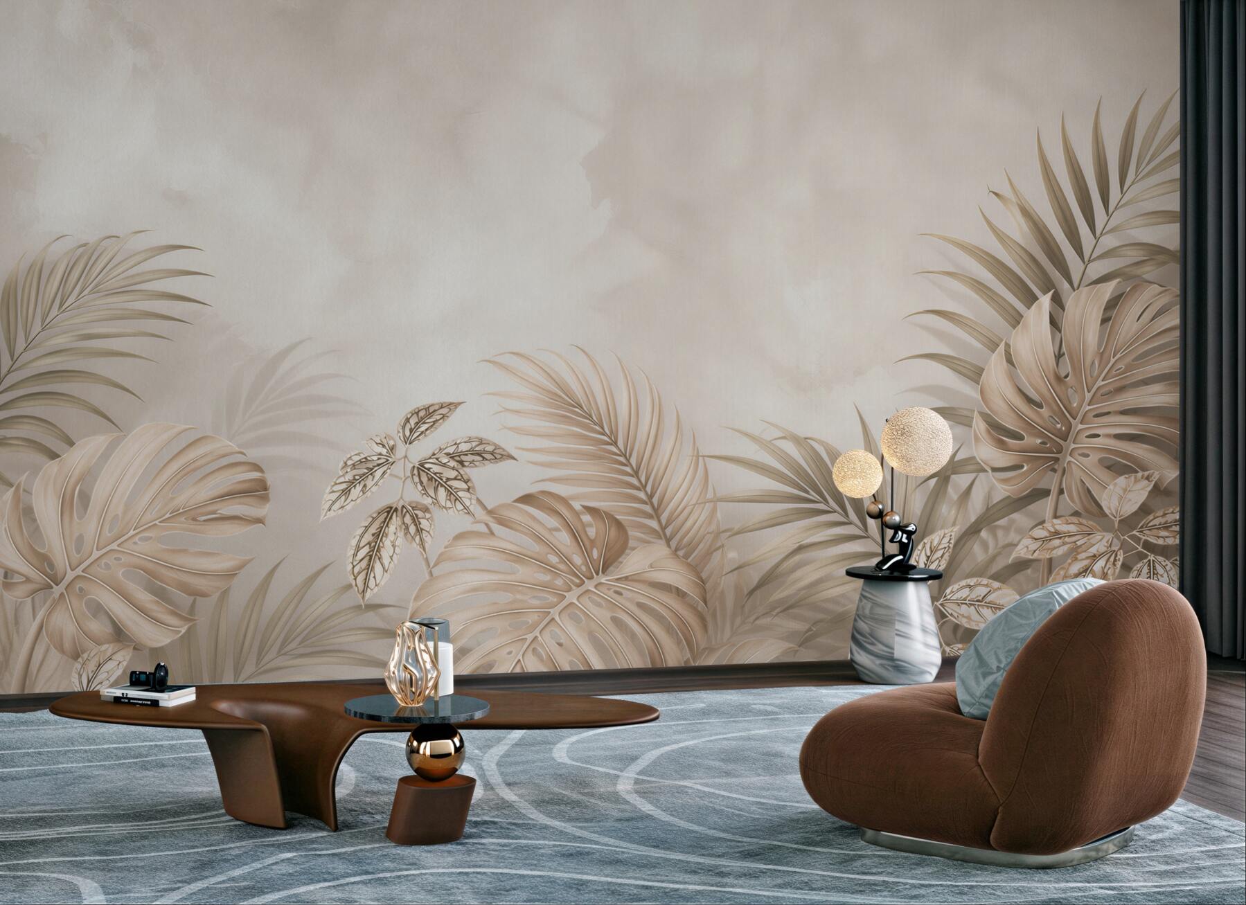 Fototapeta beżowe liście tropikalne monstery i palm subtelna elegancja