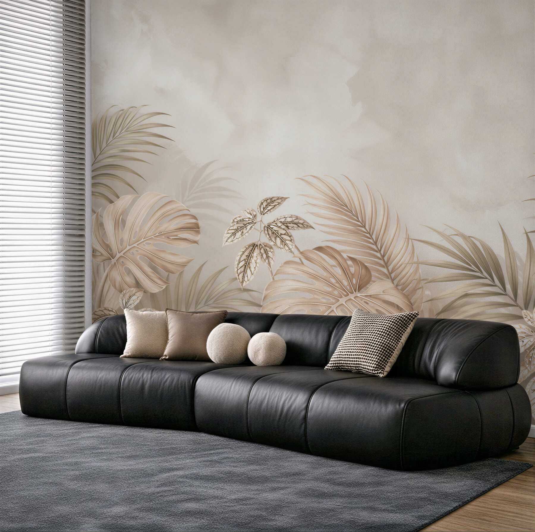 Fototapeta beżowe liście tropikalne monstery i palm subtelna elegancja