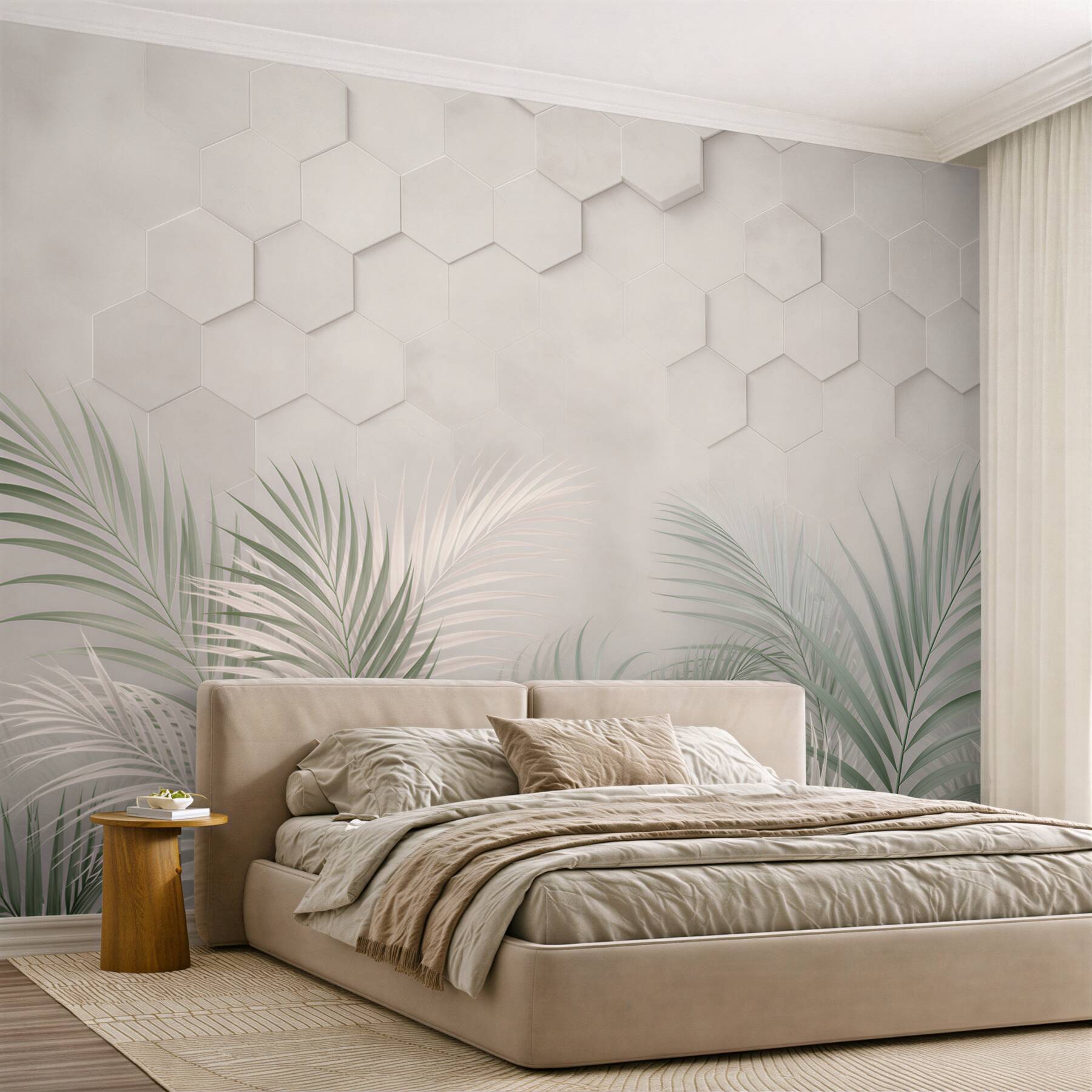 Fototapeta liście palmowe na geometrycznym tle beżowo zielona nowoczesna