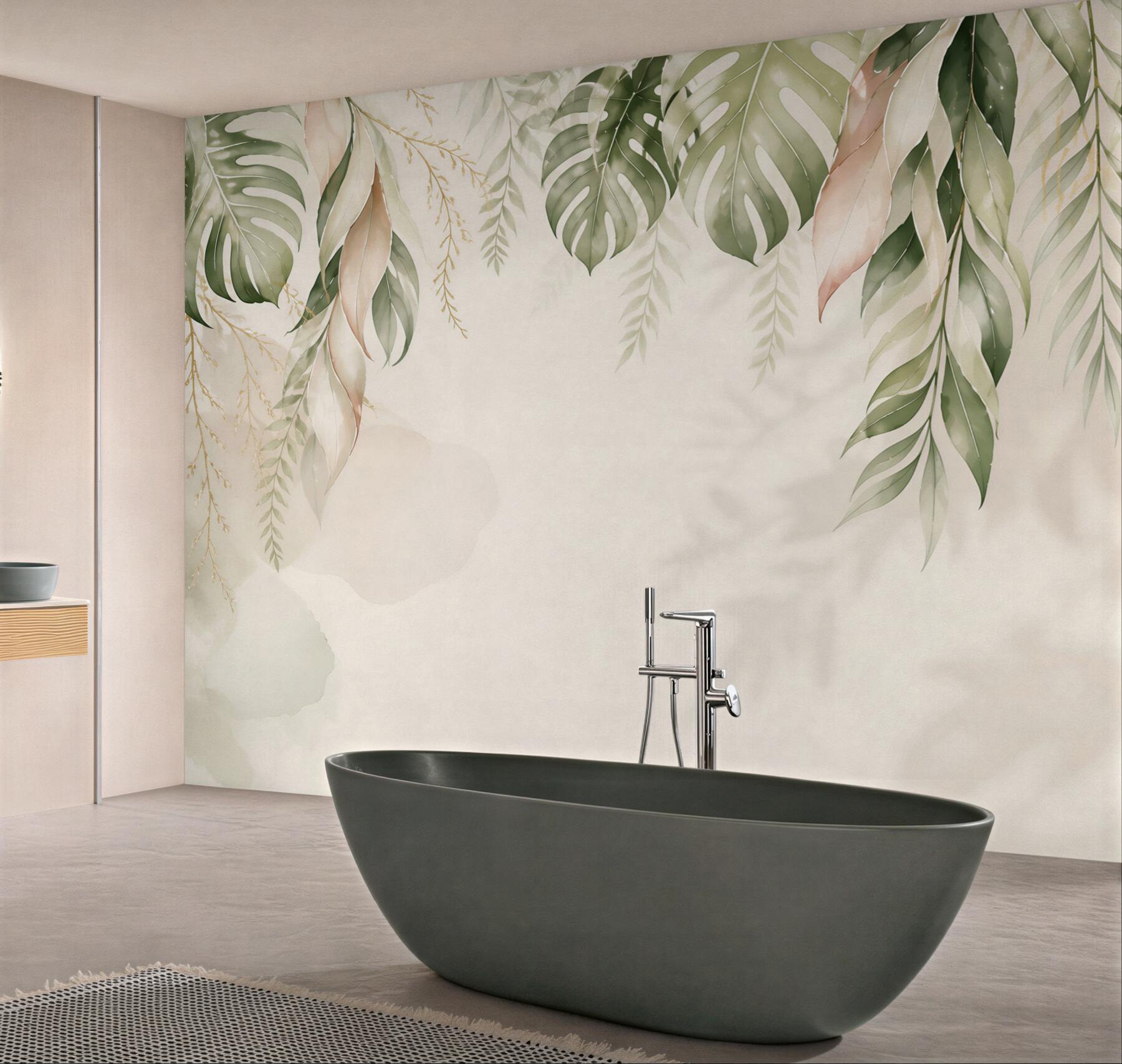 Fototapeta liście tropikalne monstera i palma beżowo zielone eleganckie