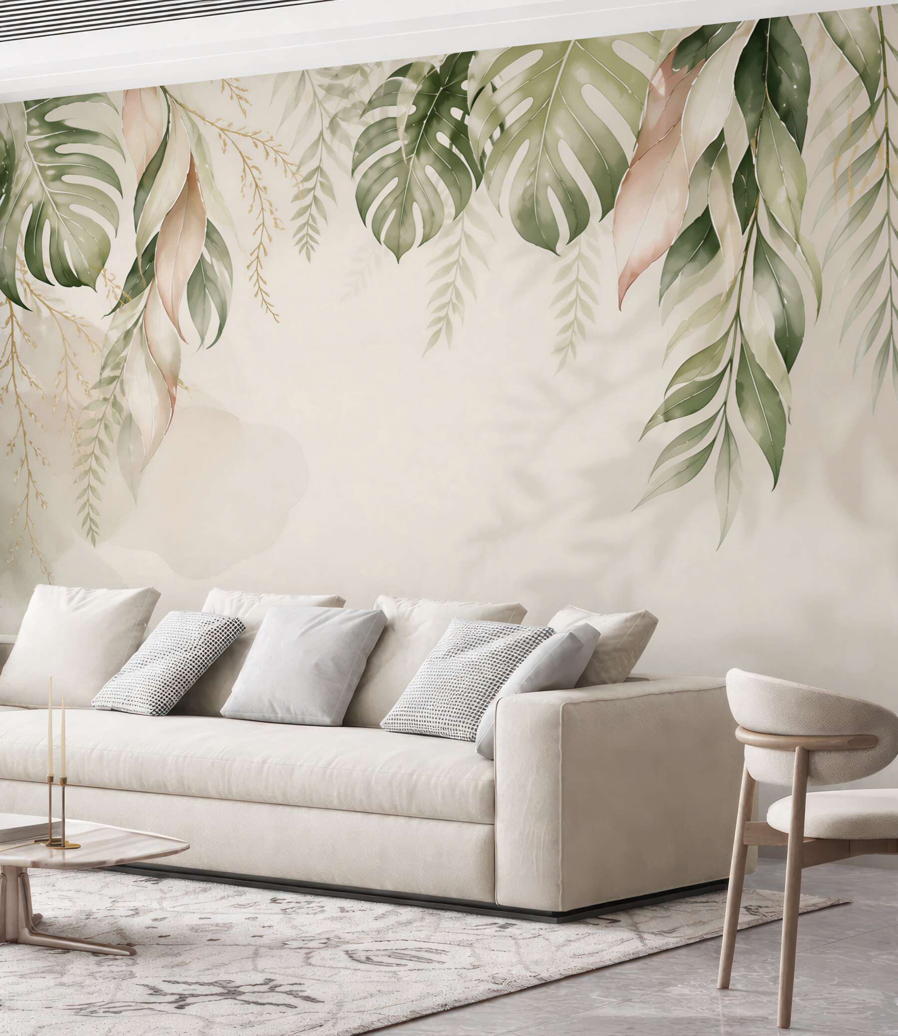 Fototapeta liście tropikalne monstera i palma beżowo zielone eleganckie