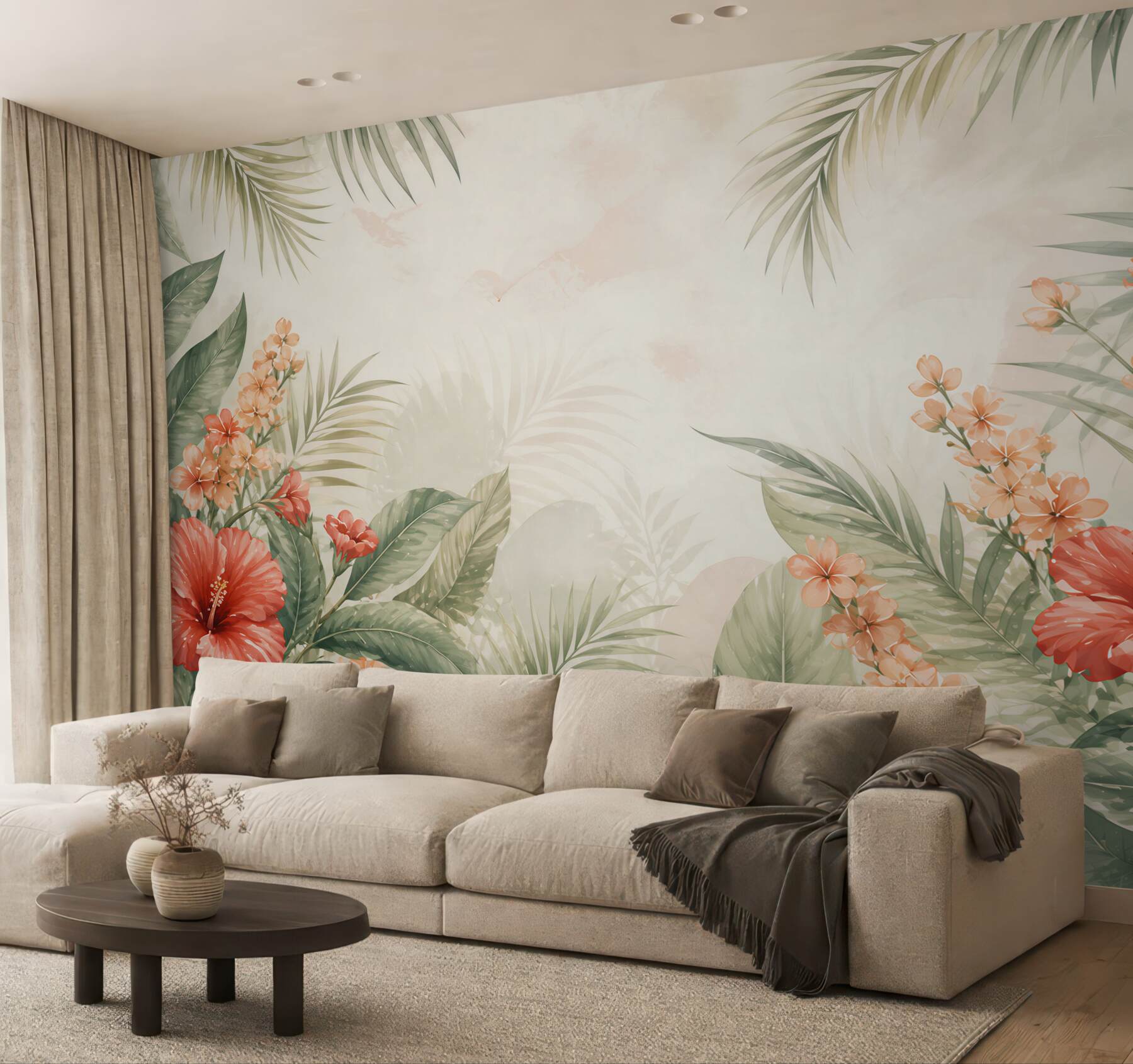 Fototapeta hibiskusy i liście tropikalne w pastelowych kolorach