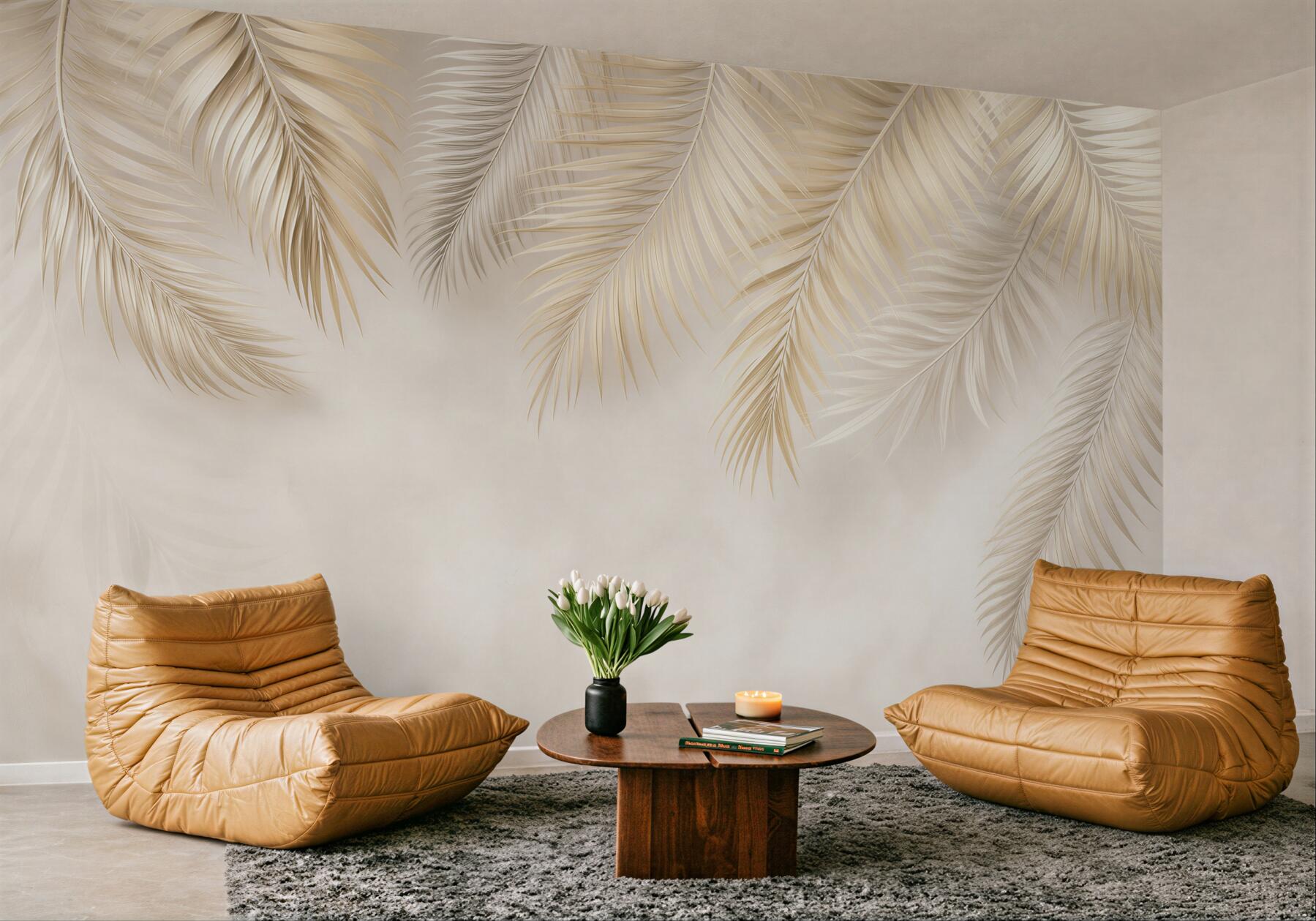 Fototapeta delikatne liście palmowe beżowe eleganckie do sypialni
