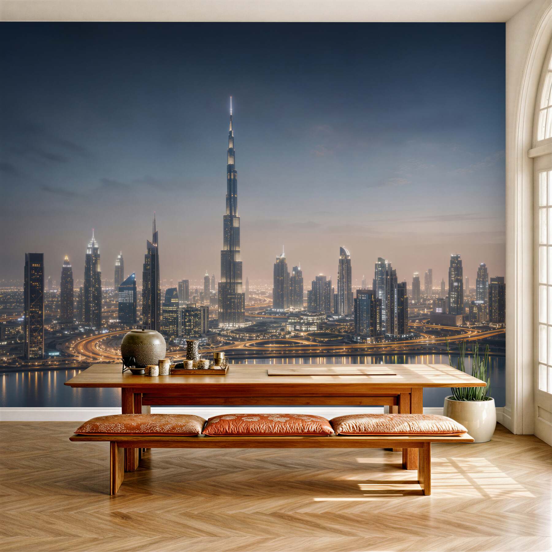 Fototapeta panorama Dubaju nocą z drapaczami chmur nad wodą