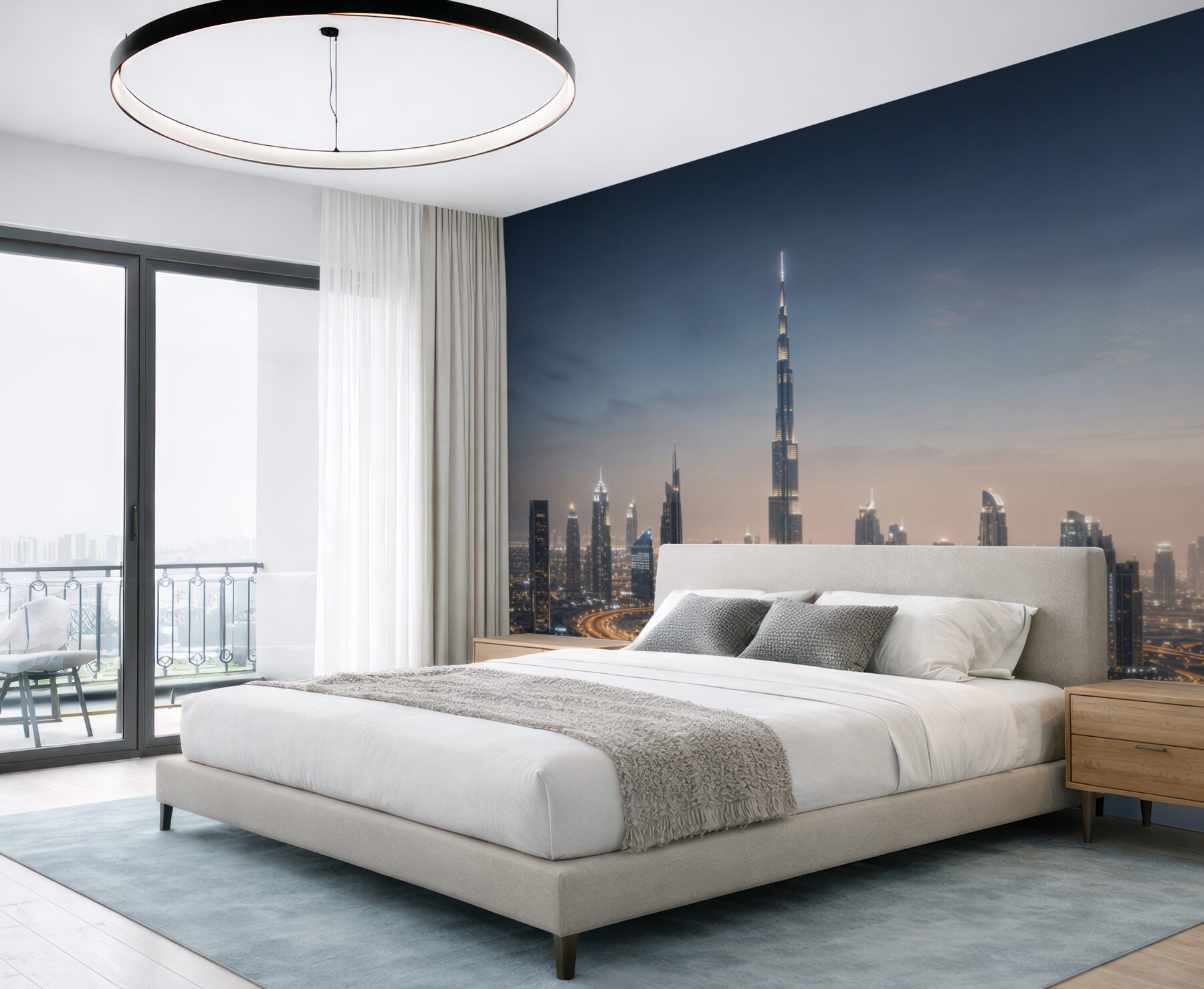 Fototapeta panorama Dubaju nocą z drapaczami chmur nad wodą