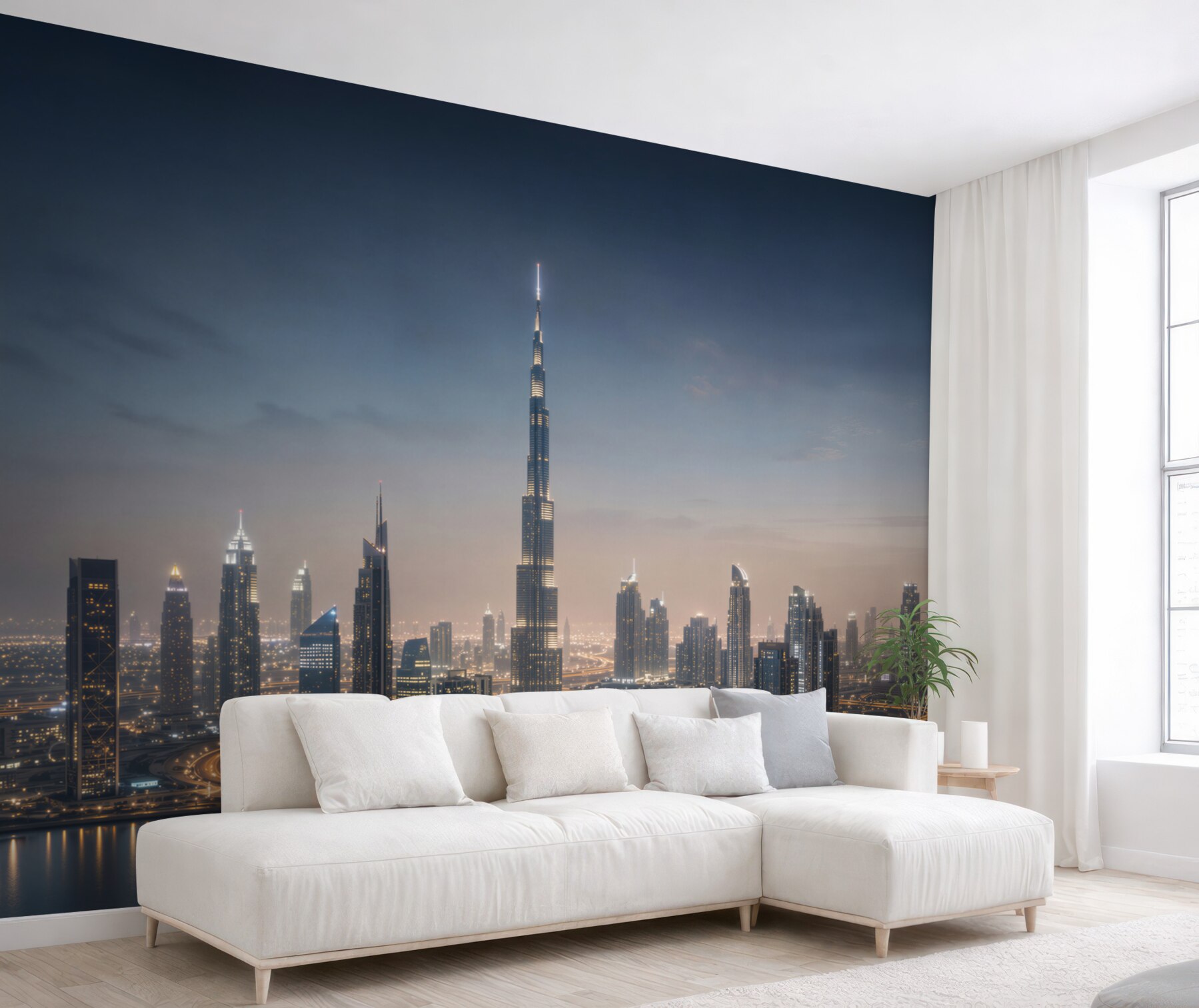 Fototapeta panorama Dubaju nocą z drapaczami chmur nad wodą